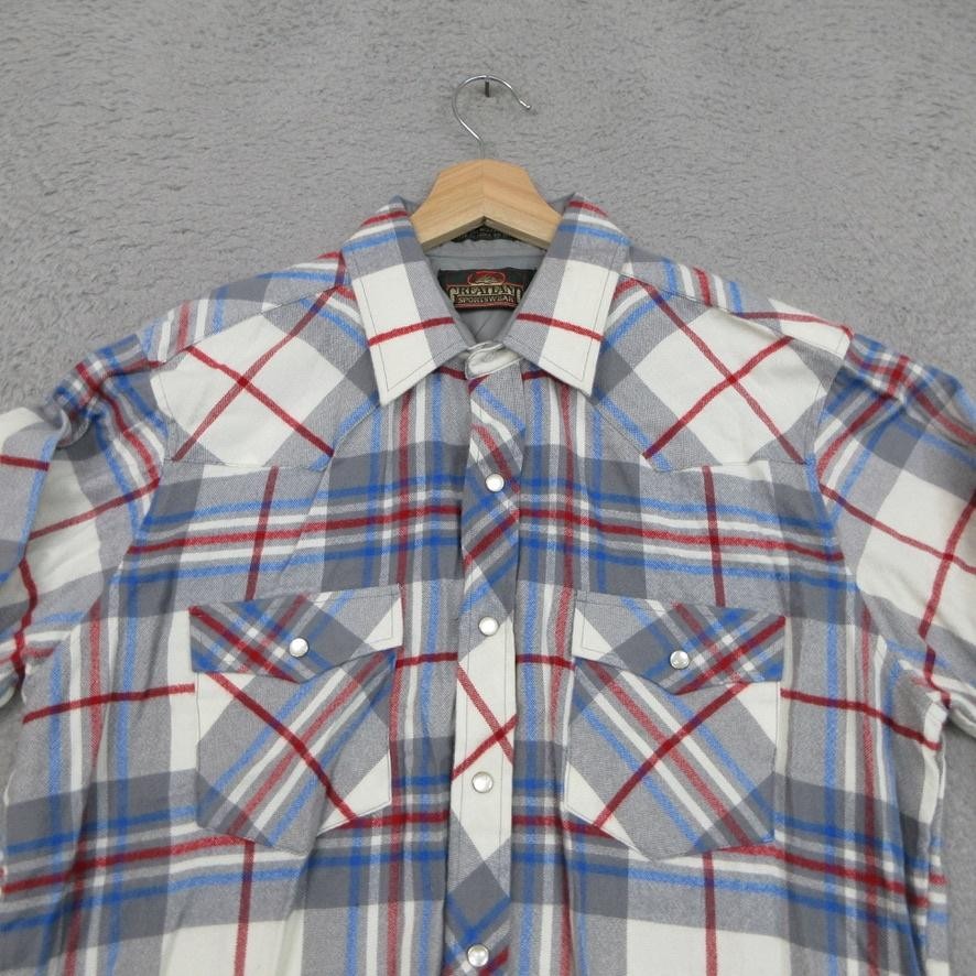 Greatland Sportswear Shirt Mens Medium Gray Red Blue Plaid Western Pearl Snap