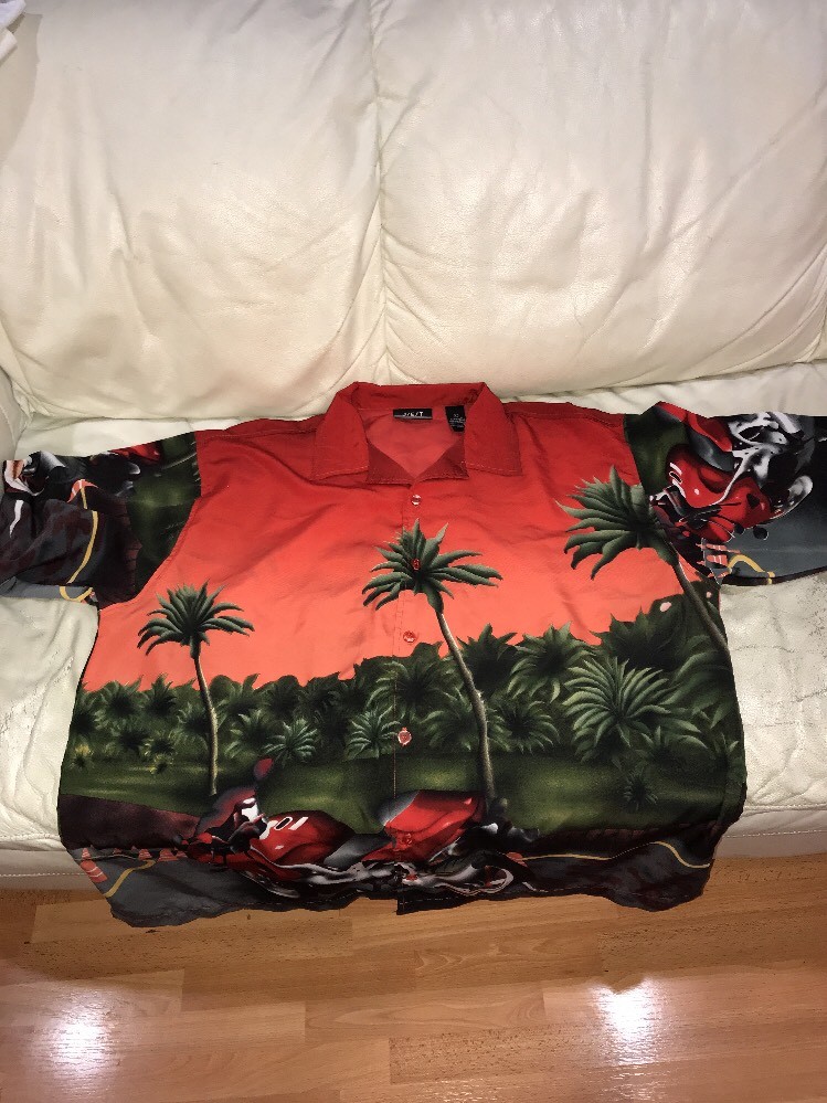 JET STRTWR Hawaiian Tropical Shirt L Motorcycle Palm Trees Orange
