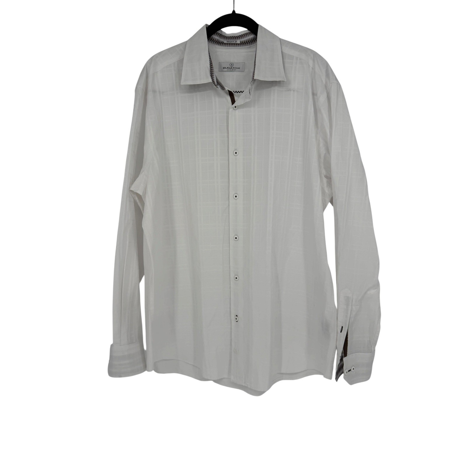 Bugatchi Uomo Men’s White Tonal Plaid Long Sleeve Button Down Shirt Shaped Fit
