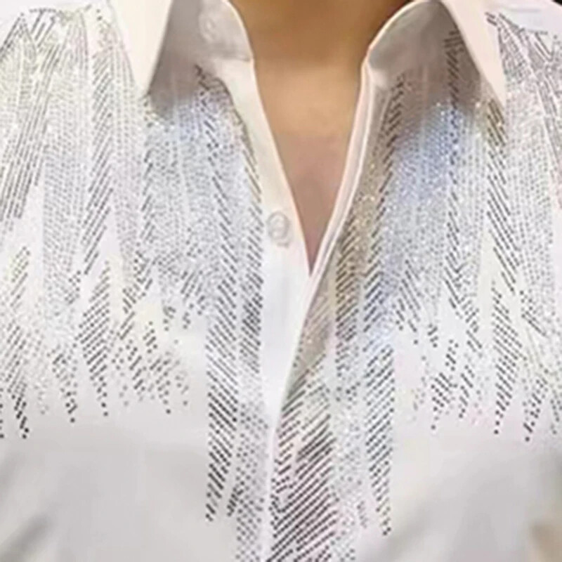 New Luxury Men Diamond Rhinestones Fashion Button-Down Shirt High Quality