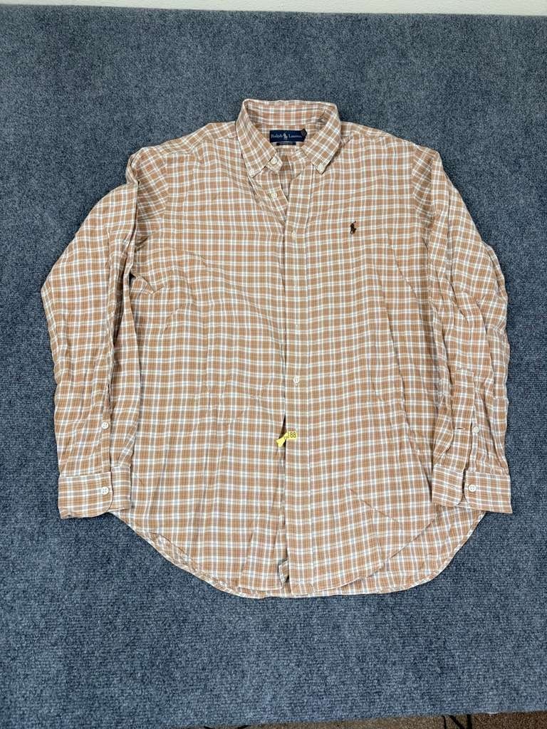 Ralph Lauren Button Down Shirt Brown White Plaid Cotton Long Sleeve Size Large