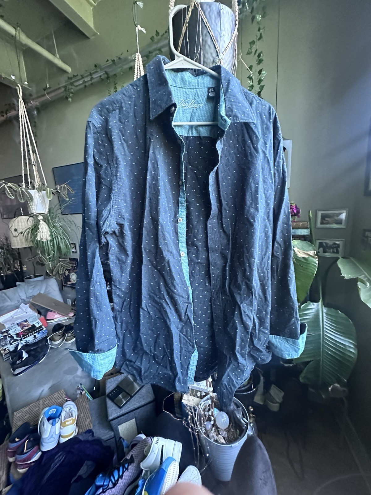 Craft Flow Men Navy Blue Micro Dot ButtonUp Shirt Teal Geometric Contrast Cuff L