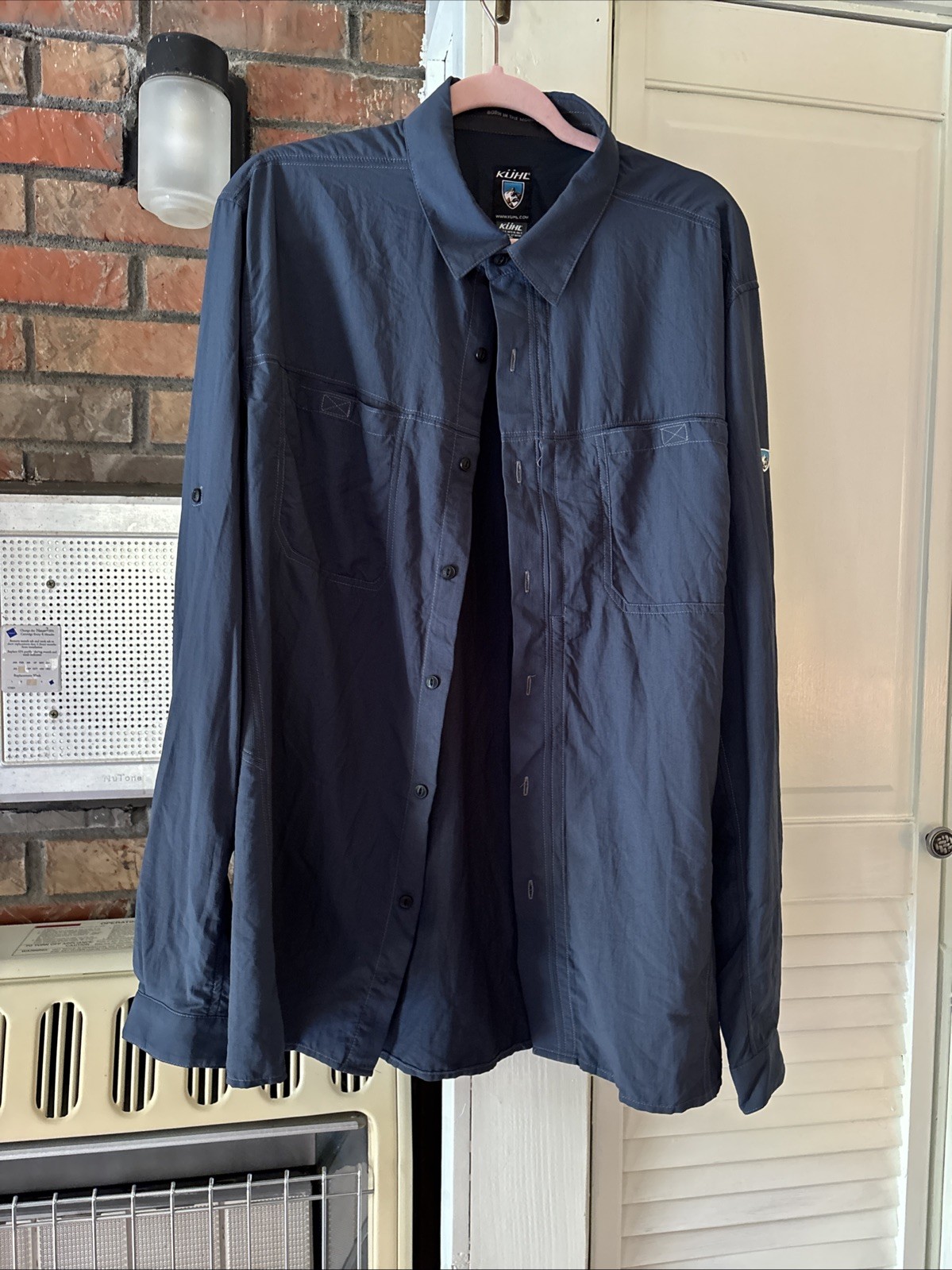 Kuhl Shirt Men’s XL Blue Solid Long Sleeve Button Front Nylon Hiking Outdoor