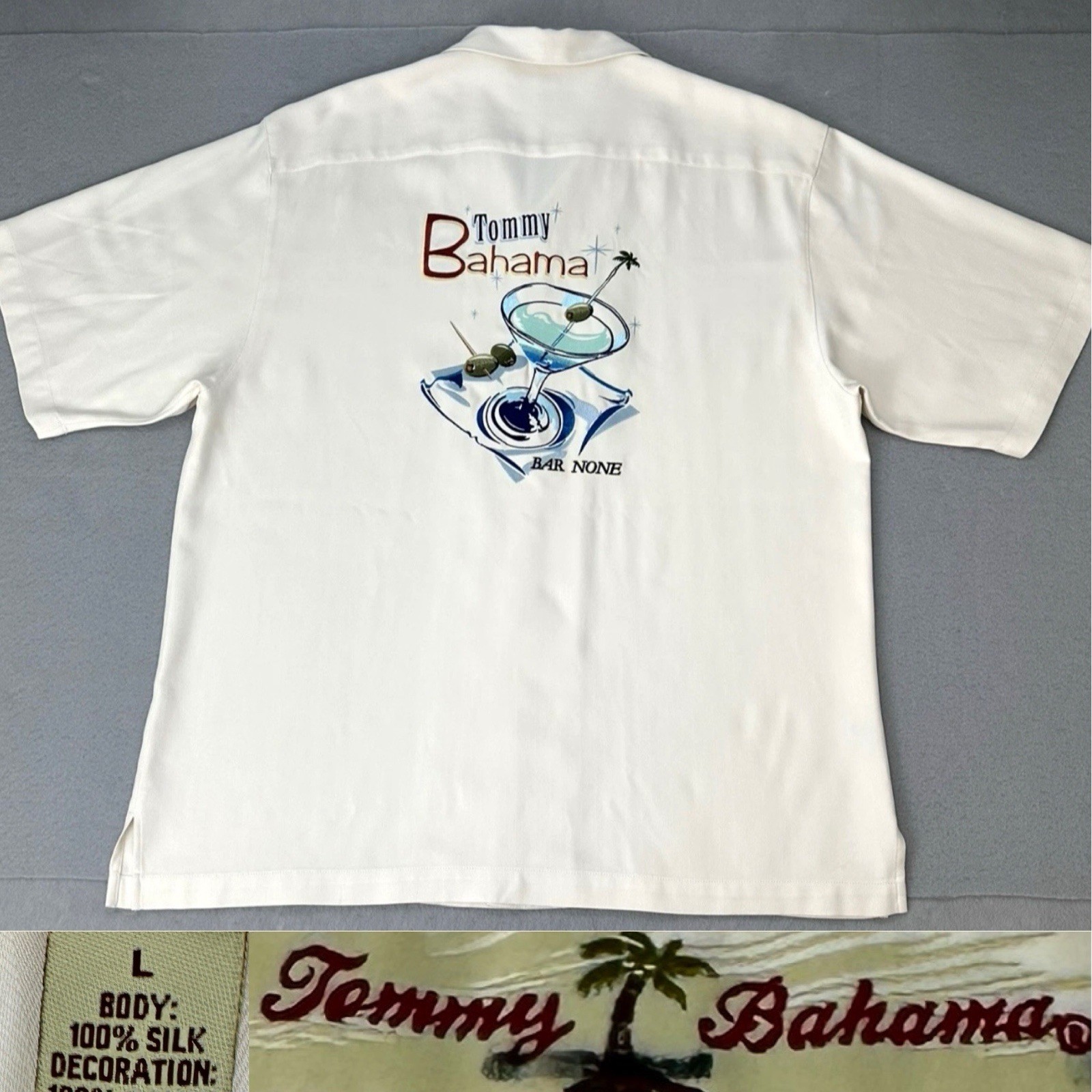Tommy Bahama Bar None Silk Shirt Men Sz Large Cream Embroidered Back ButtonUp