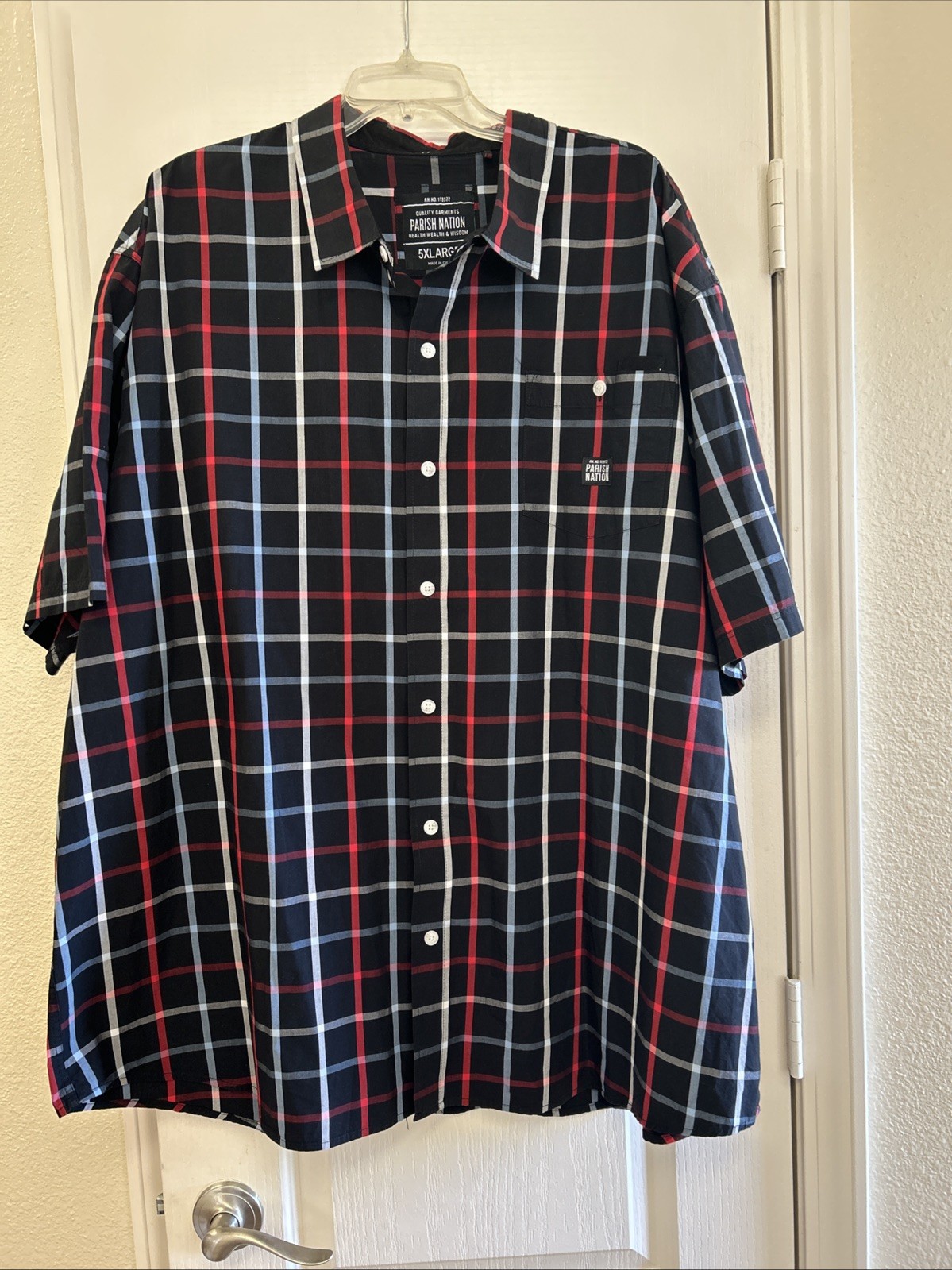 Men’s Parish Nation Black/Red/White/lt. Blue Button Down S/S Shirt 5XL