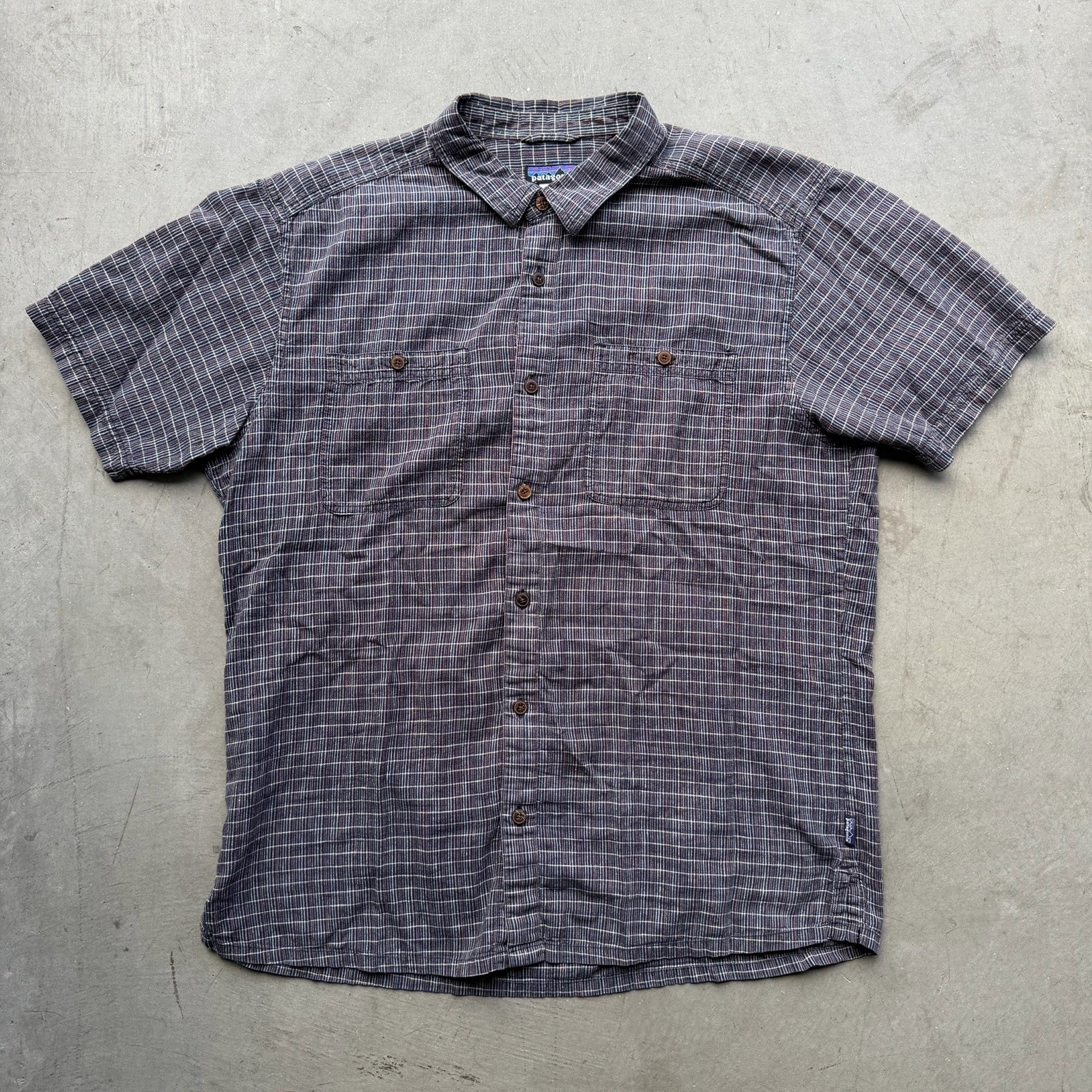 Patagonia Mens L Back Step Shirt Brown Plaid Hemp Cotton Short Sleeve Outdoor