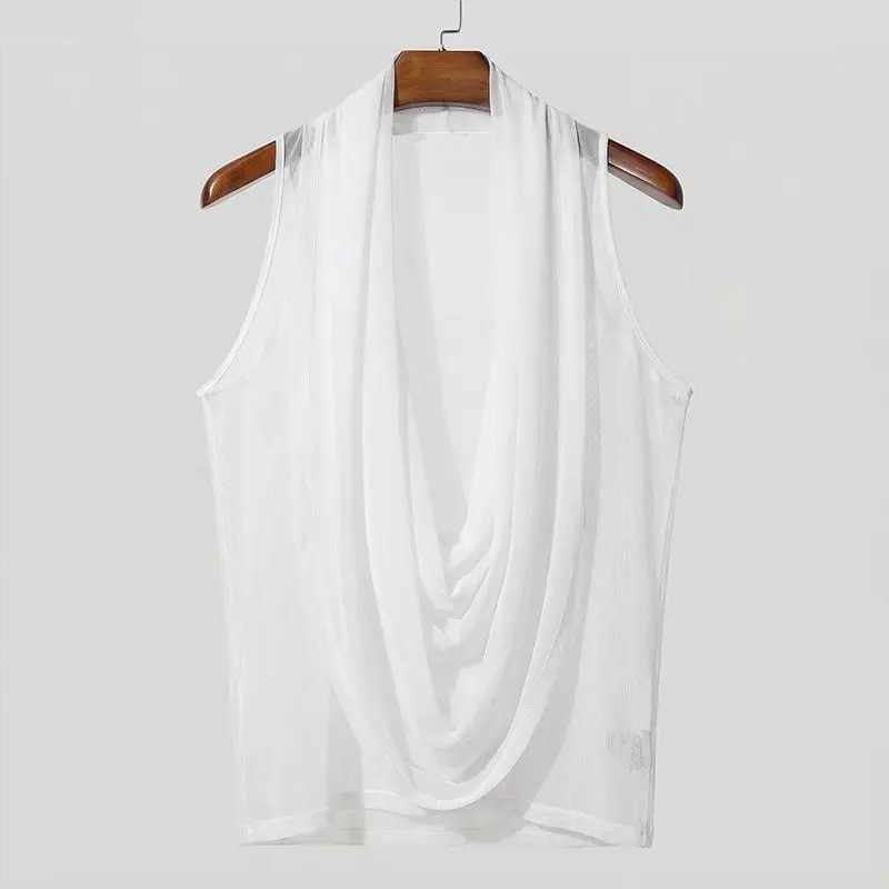 Men’s draped deep V-neck tank top lightweight mesh sheer top