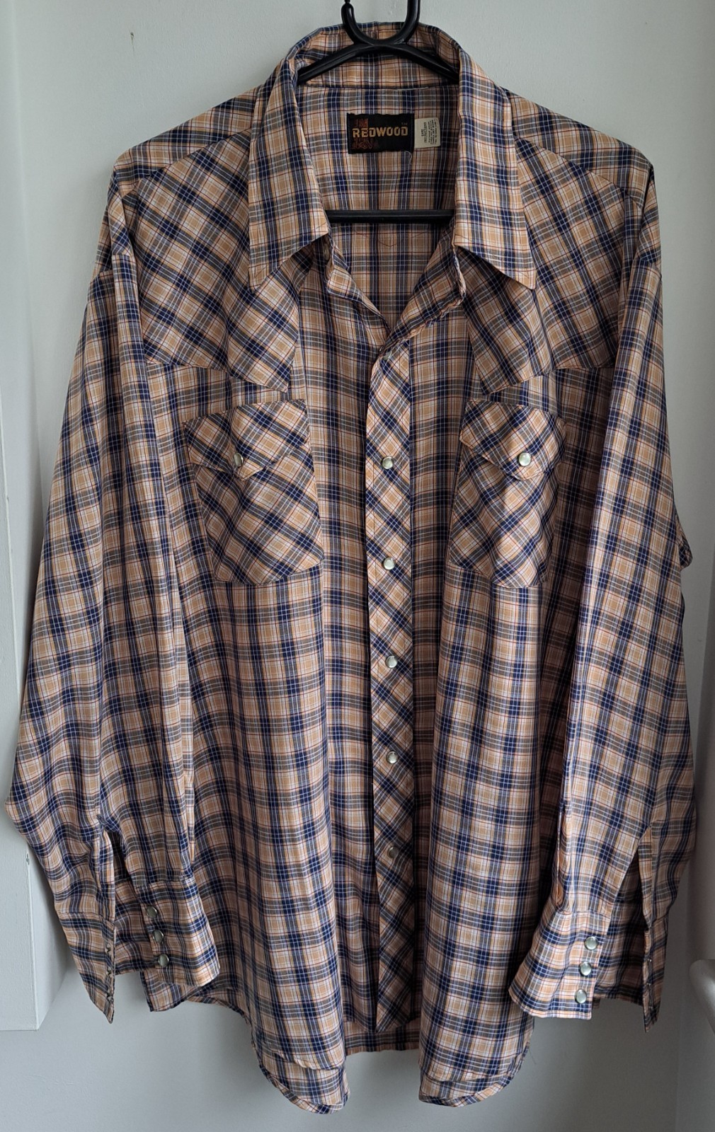 Vintage 70/80s Redwood Western Check Cowboy Shirt Snaps 54″-137cm XL (195WR)