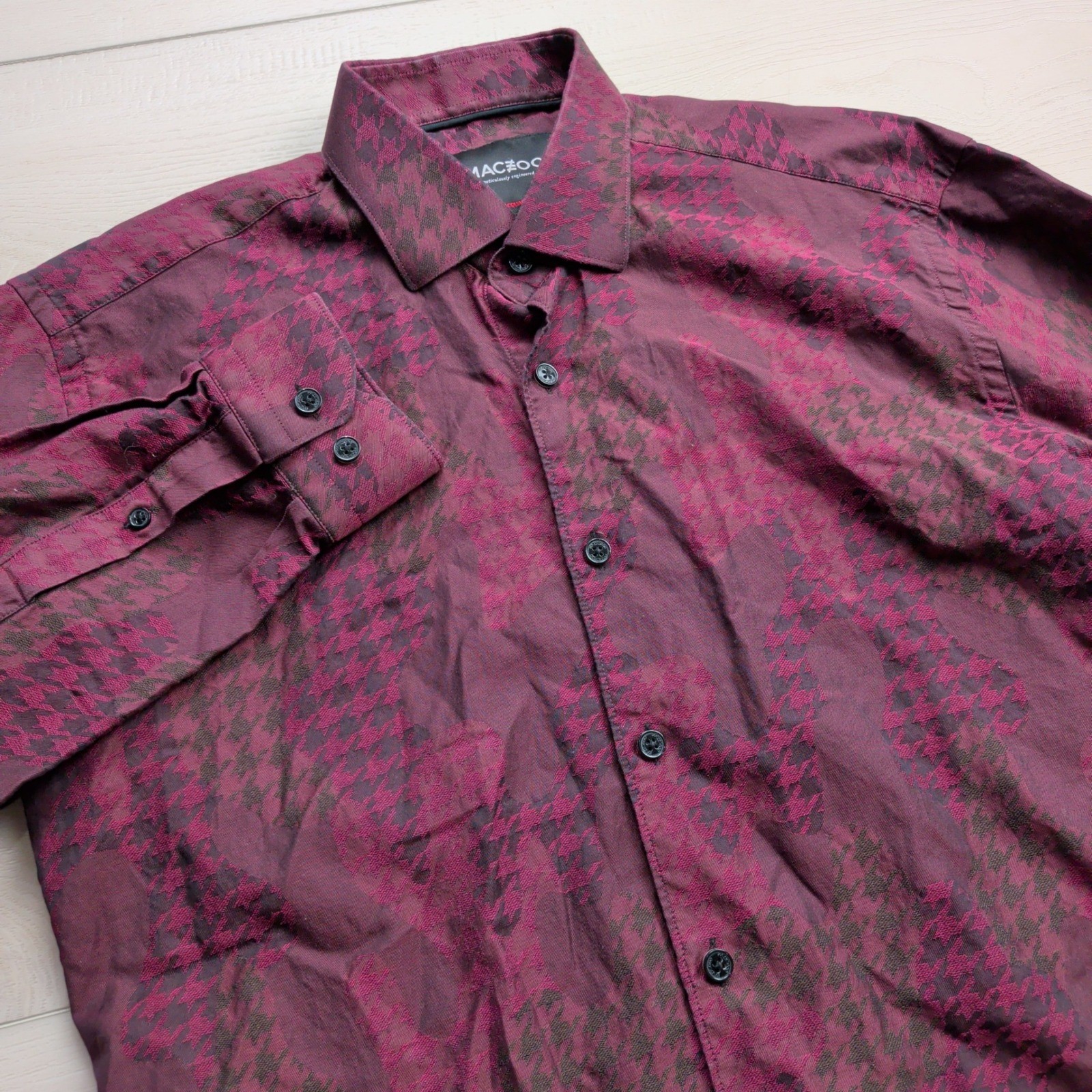 Maceoo Fibonacci Shirt Mens M Star Red Italian Jacquard Houndstooth Burgundy