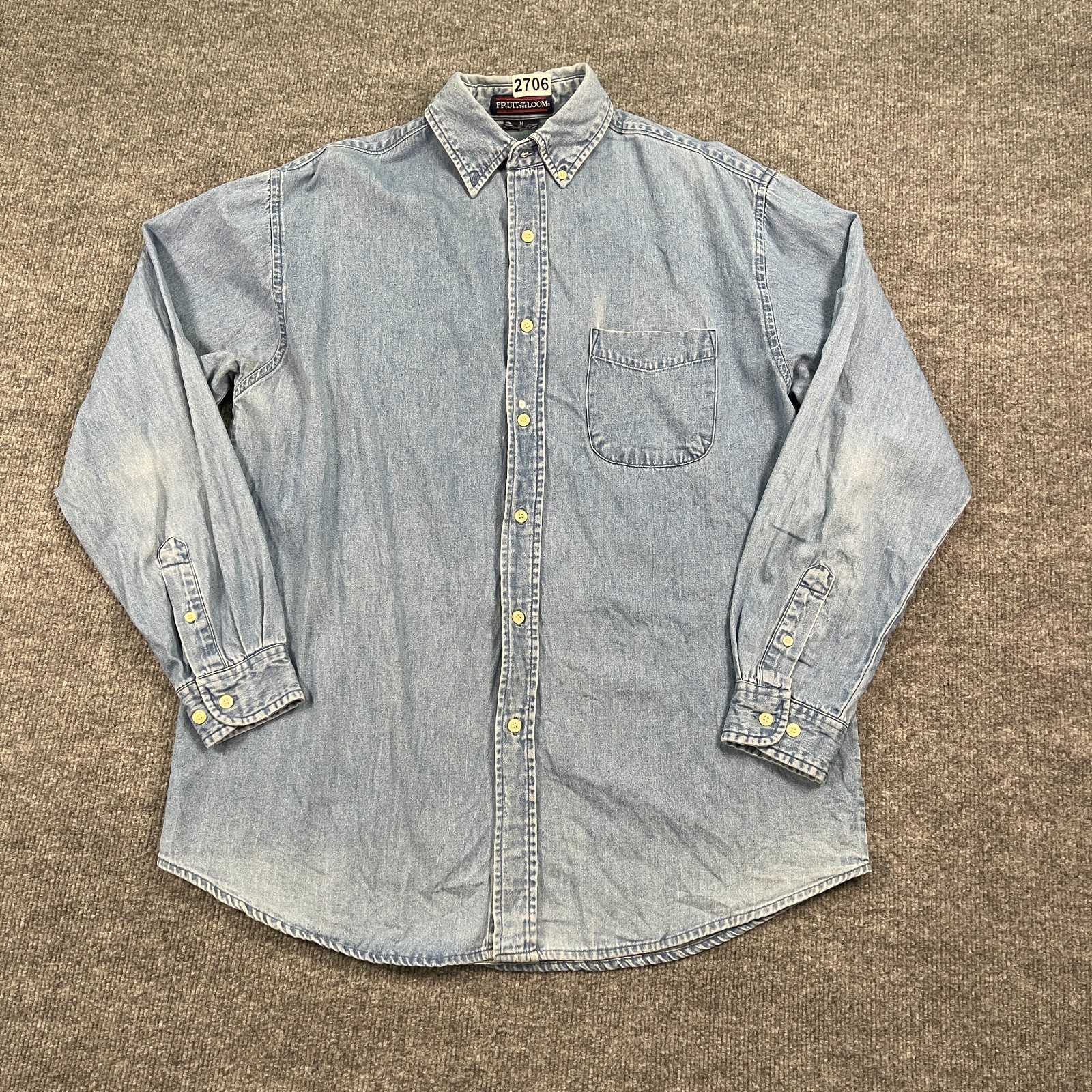 Vintage 90s Fruit of The Loom Denim Button Down Shirt M 23×31 Faded Light Wash