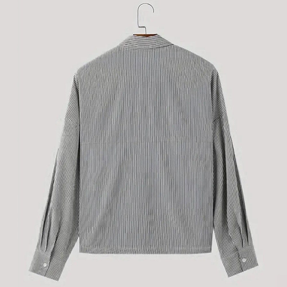 Men Stripe Lapel Long Sleeve Shirt Korean Streetwear Loose Fit Regular