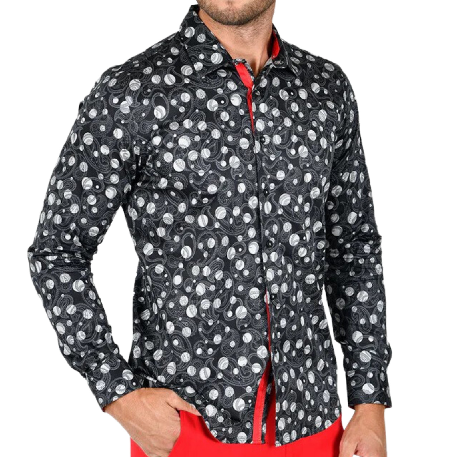 Mens Long Sleeve Button Down Dress Shirt Black White Polka Dot Paisley Designer