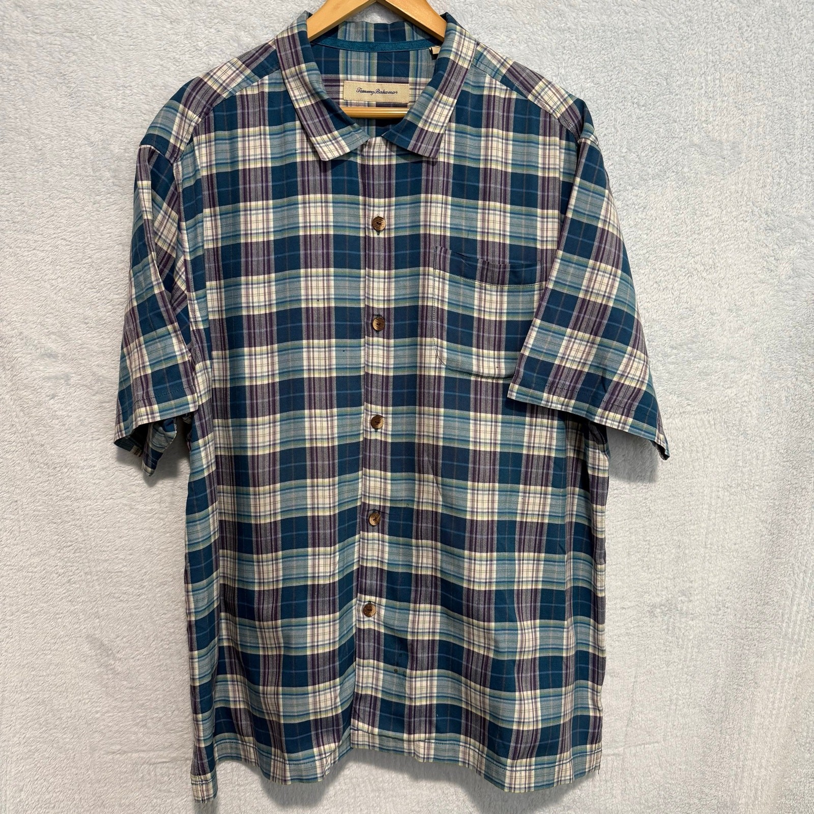 Tommy Bahama Mens XXL Short Sleeve 100% Silk Plaid Button Up Shirt Embroidered