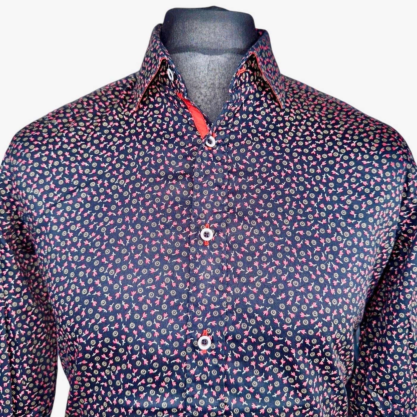 CLAUDIO LUGLI Mens Shirt M 40″ Chest Long Sleeve in Black with Red Floral Print