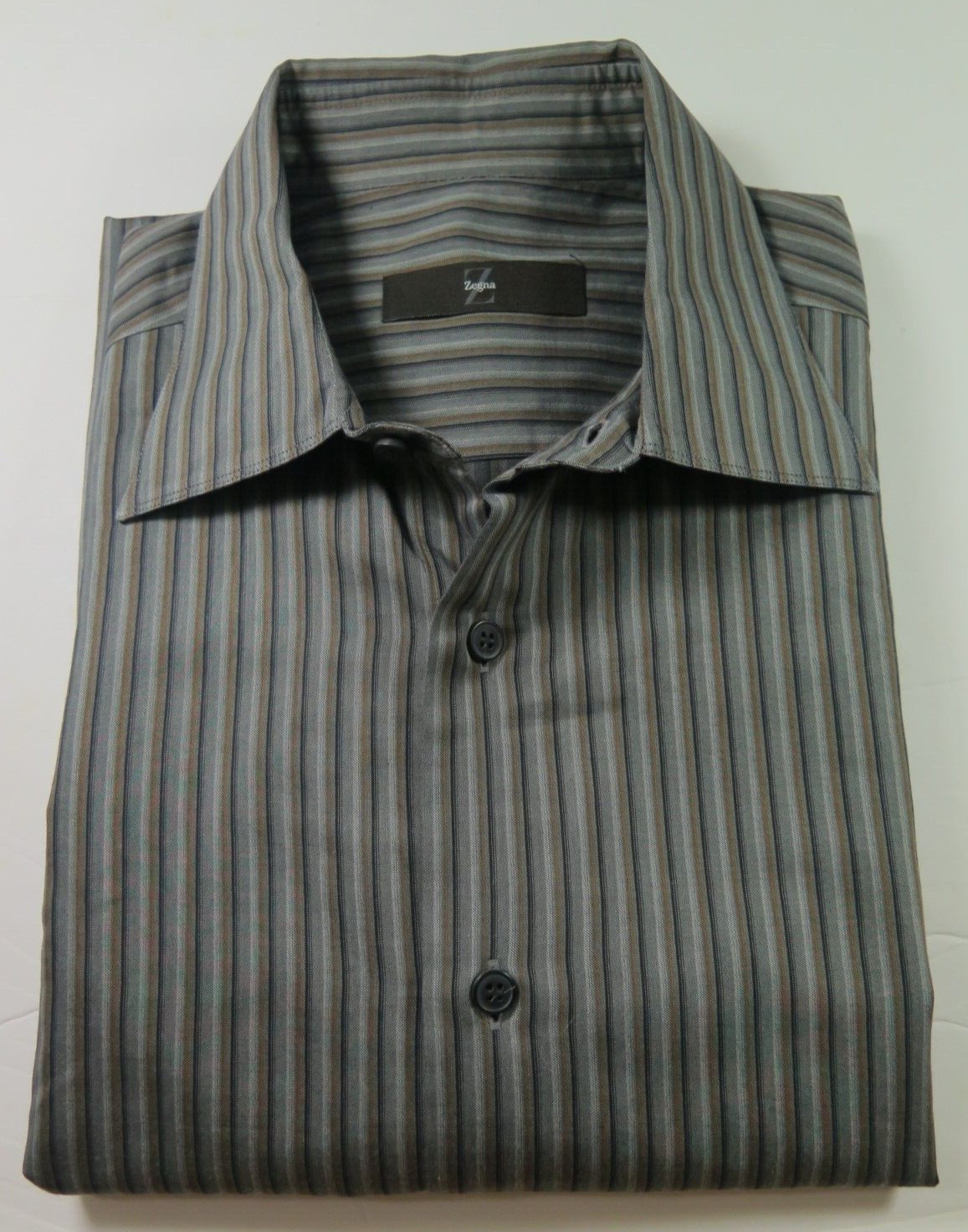 Ermenegildo Zegna City Men Pure Cotton Gray Brown Striped Casual Shirt Large EUC