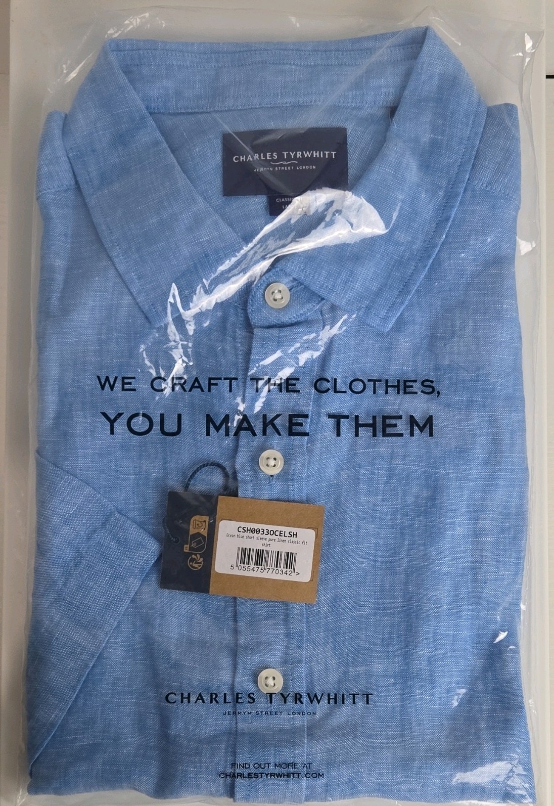 Charles Tyrwhitt Mens Blue Linen Classic Fit Short Sleeve Button-Down Shirt L