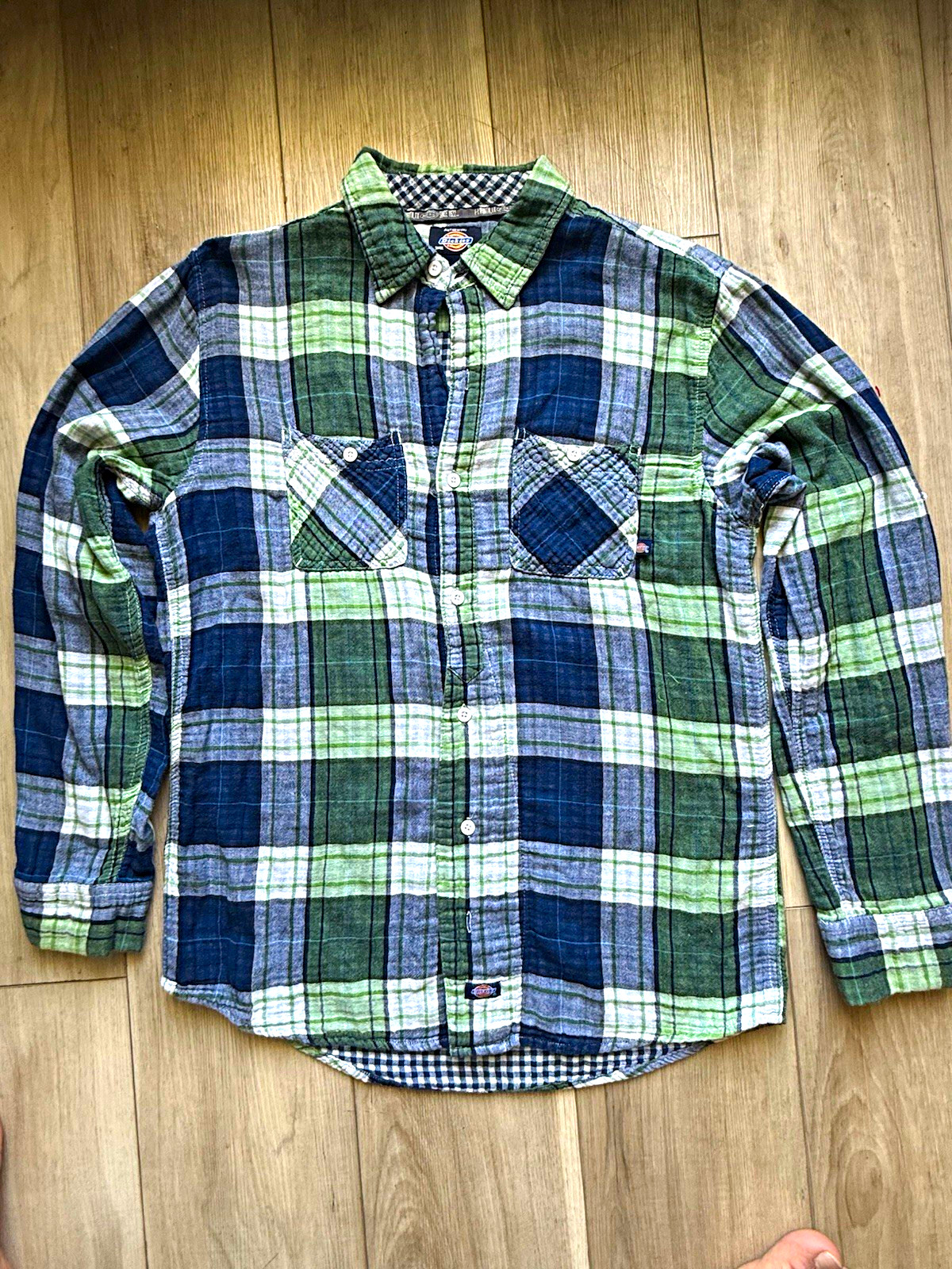 Dickies Men’s Plaid Long Sleeve Button-Up Cotton Shirt w/ Pockets L Green