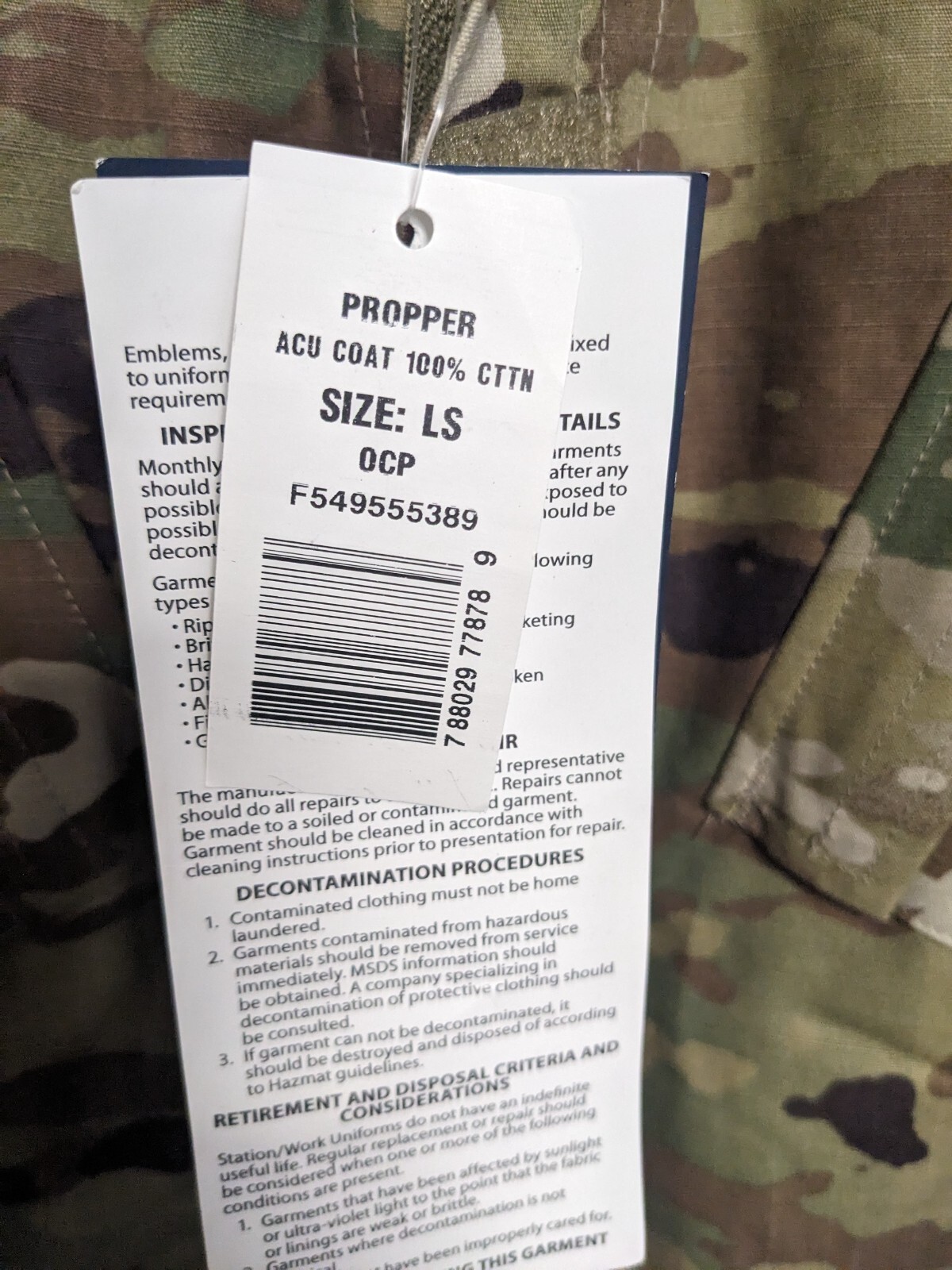 Propper – ACU Coat – New Spec 100% Cotton – OCP F549555 – Large/Short – New