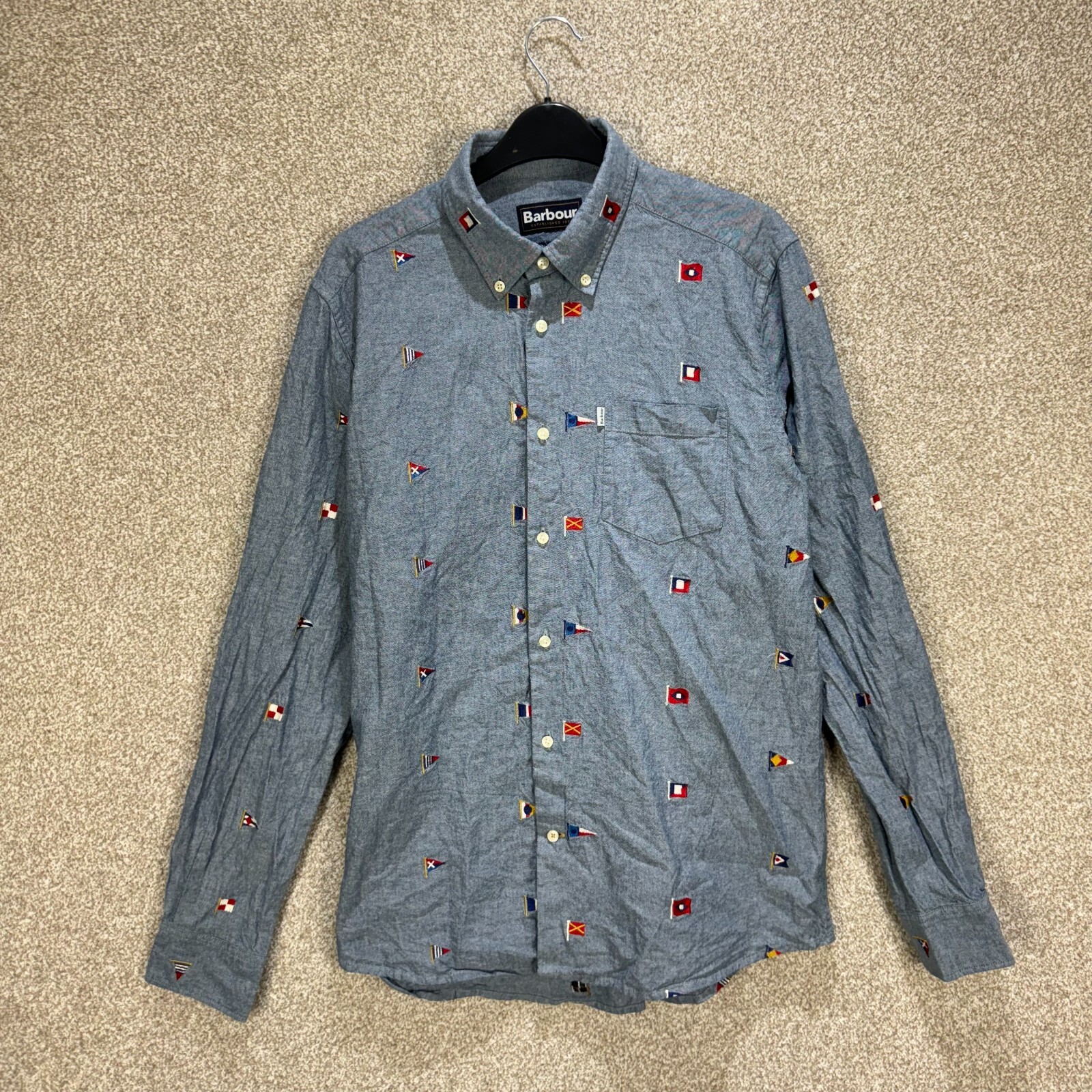 Barbour Shirt Mens Medium Blue Flag Print Tailored Fit Cotton Casual