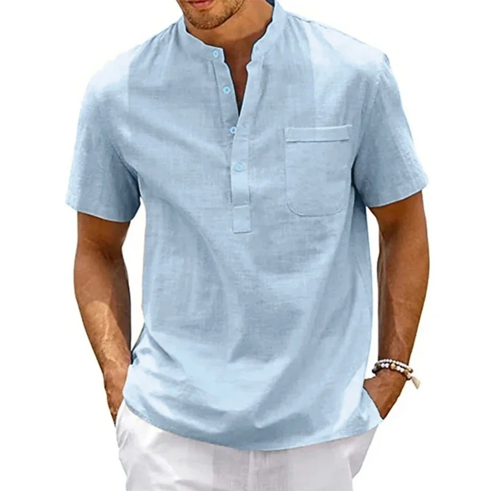 Men Casual Shirt with Short Sleeves Cotton Linen Beach T Shirt Lightweight
