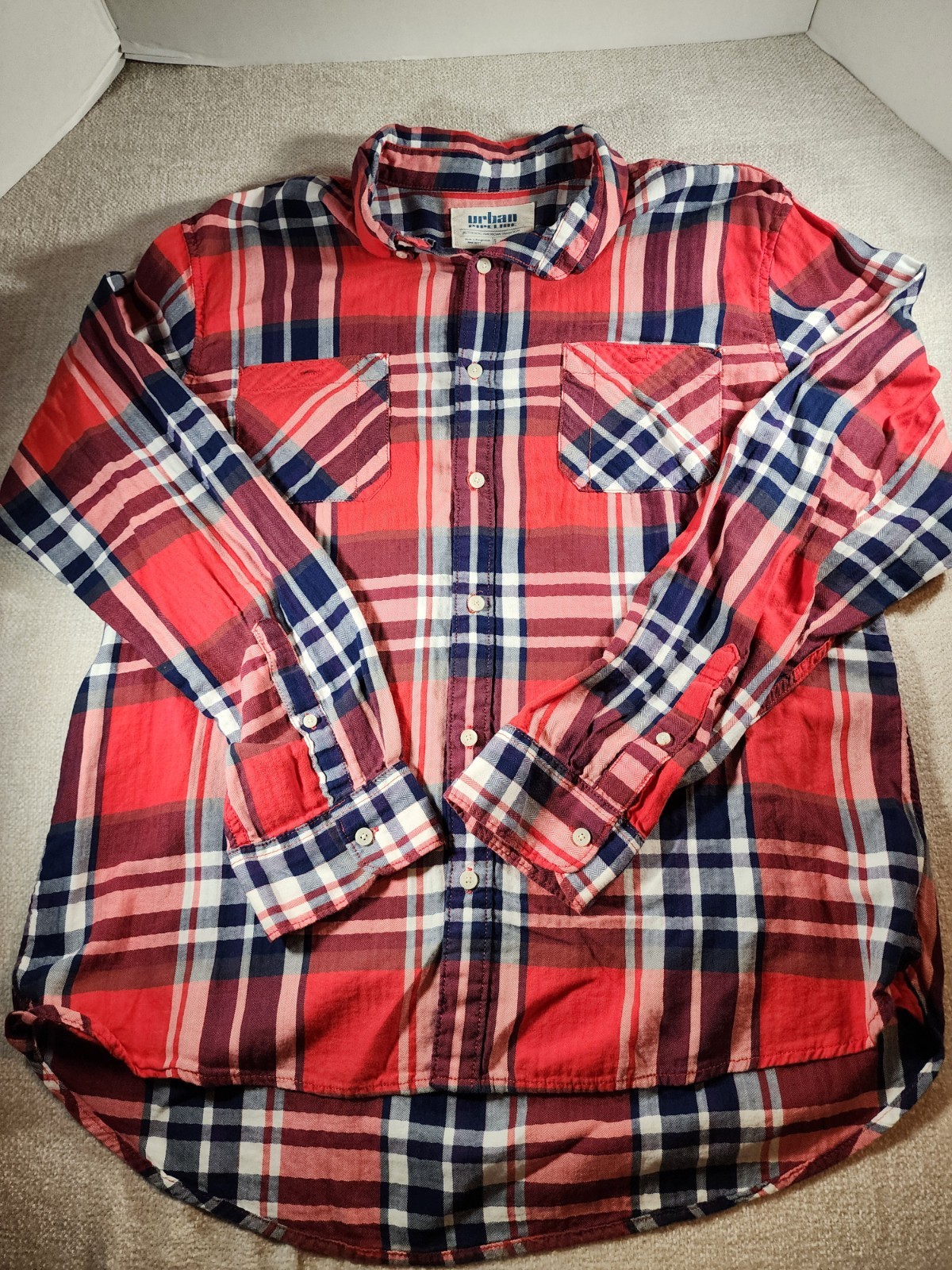 Mens Sz XL – Urban Pipeline Flannel Plaid Shirt Button up Red Blue – Good Cond!