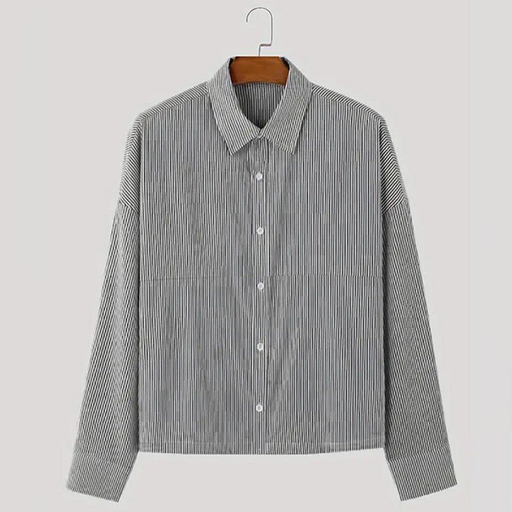 Men Stripe Lapel Long Sleeve Shirt Korean Streetwear Loose Fit Regular