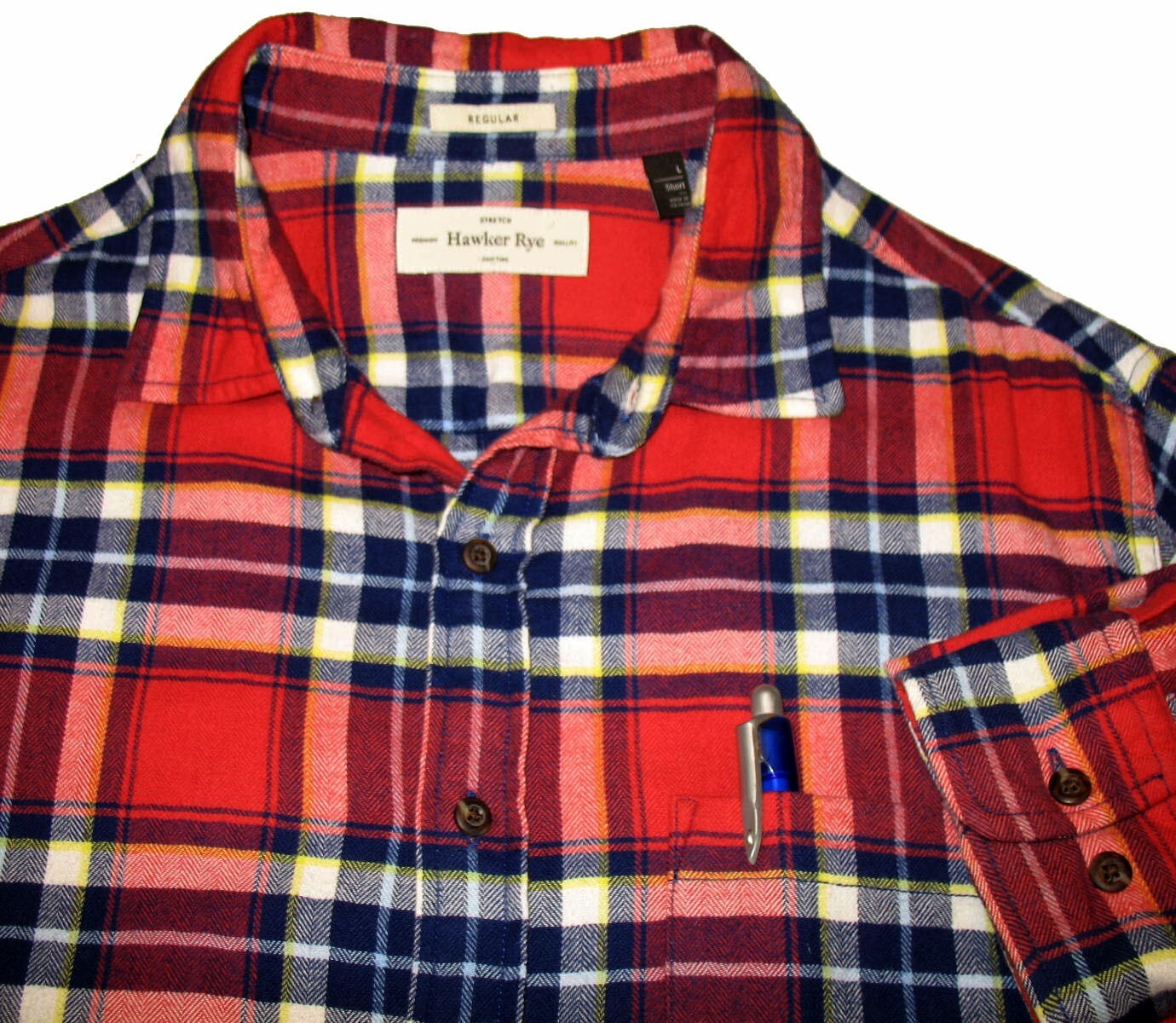 HAWKER RYE L/Slv Flannel Shirt L) Petite Cotton/Spandex Red Gray Plaid w/Pocket