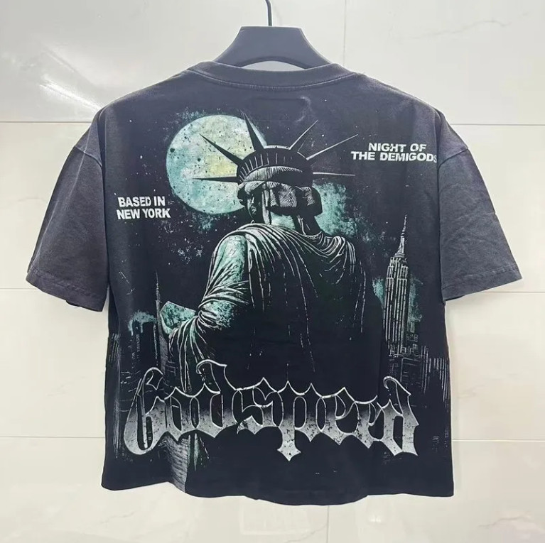 NEW Godspeed Statue of Liberty Print Short sleeve Mens Washed black T-shirt