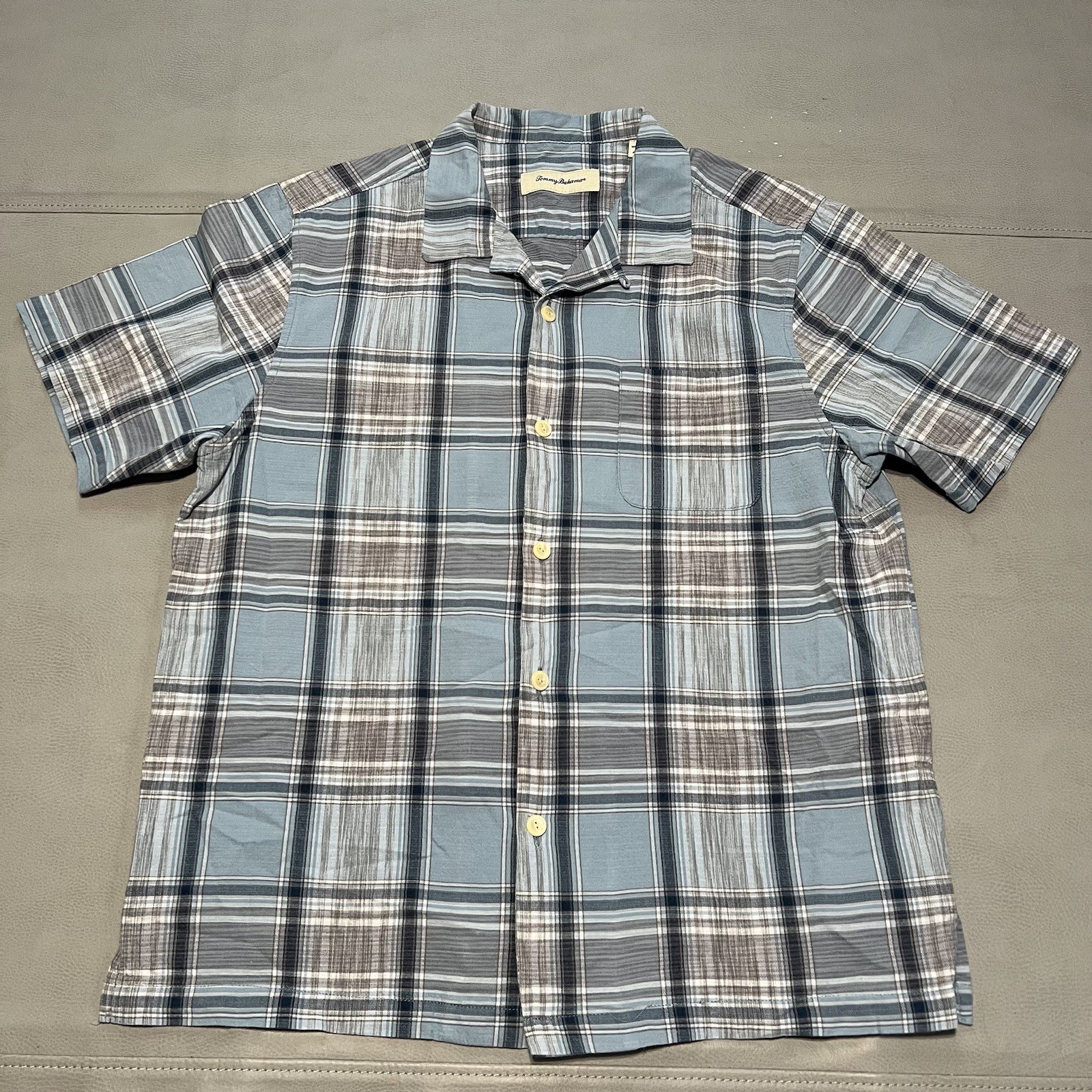Tommy Bahama Men Linen/Cotton Blue Camp Shirt Hawaiian Beach Plaid-L-2072