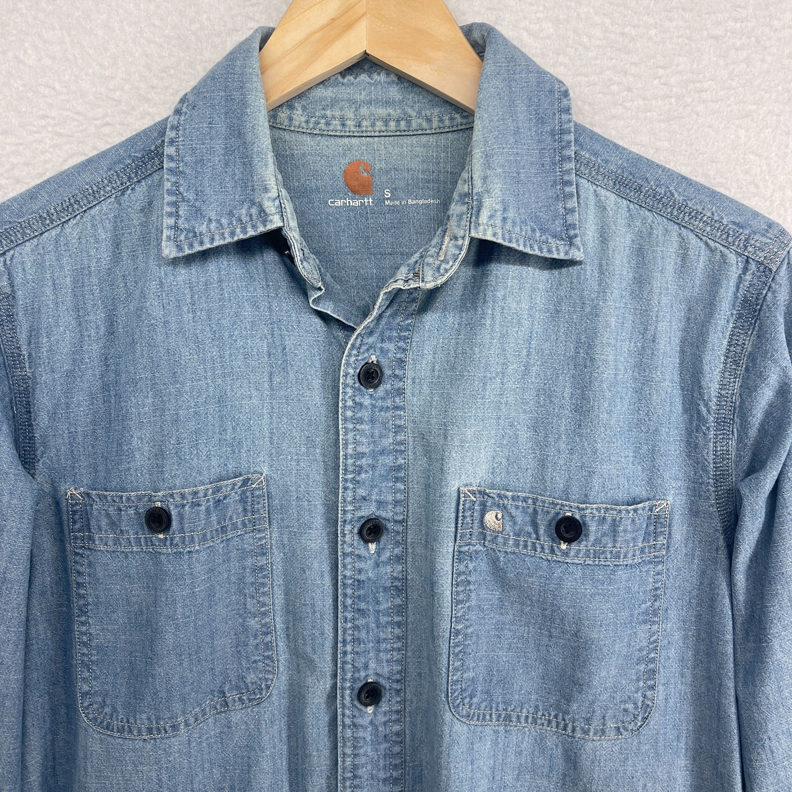 CARHARTT Shirt Mens S Linwood Slim Long Sleeve Button Up Chambray Cotton Blue