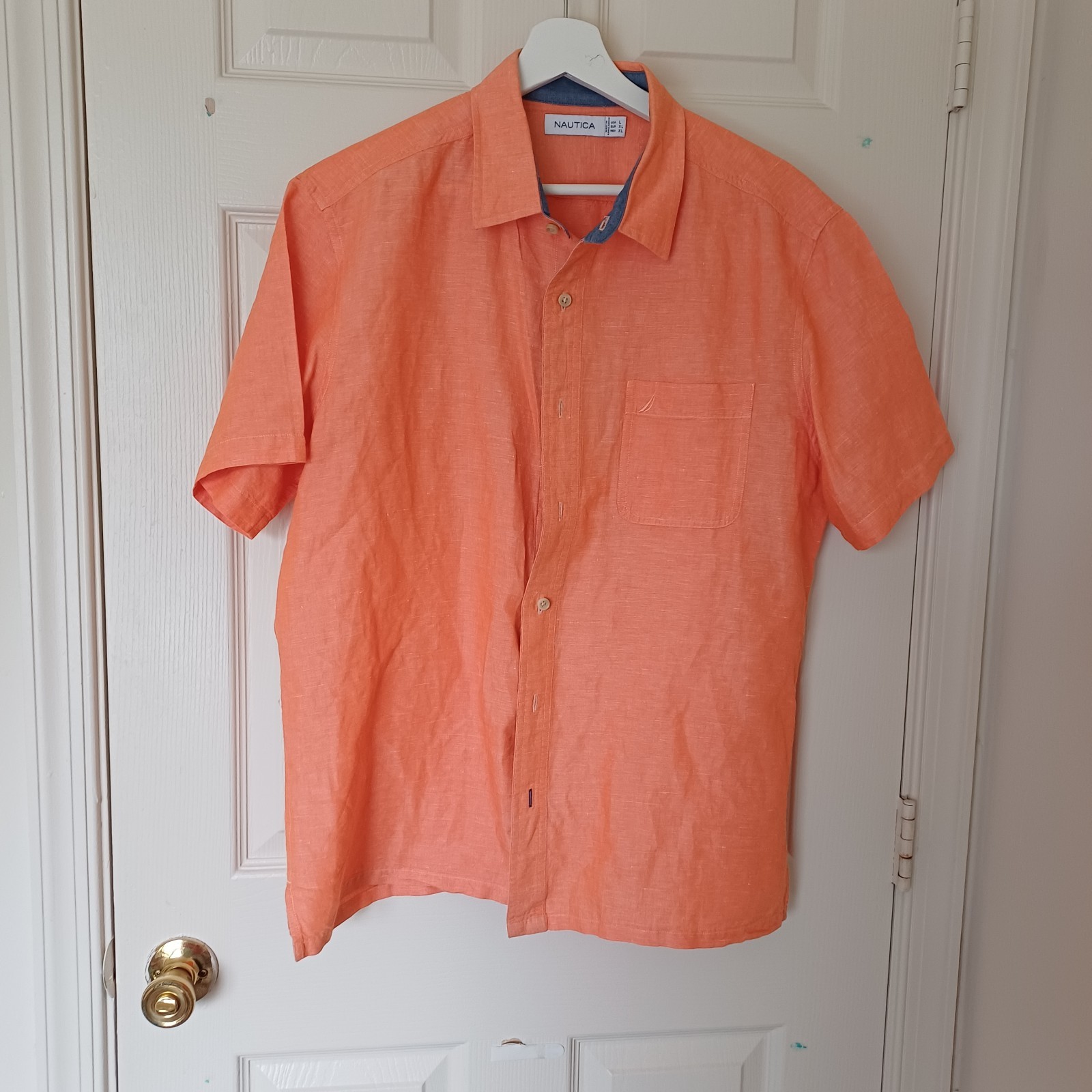 Nautica orange button shirt 53% linen 47% cotton size Large