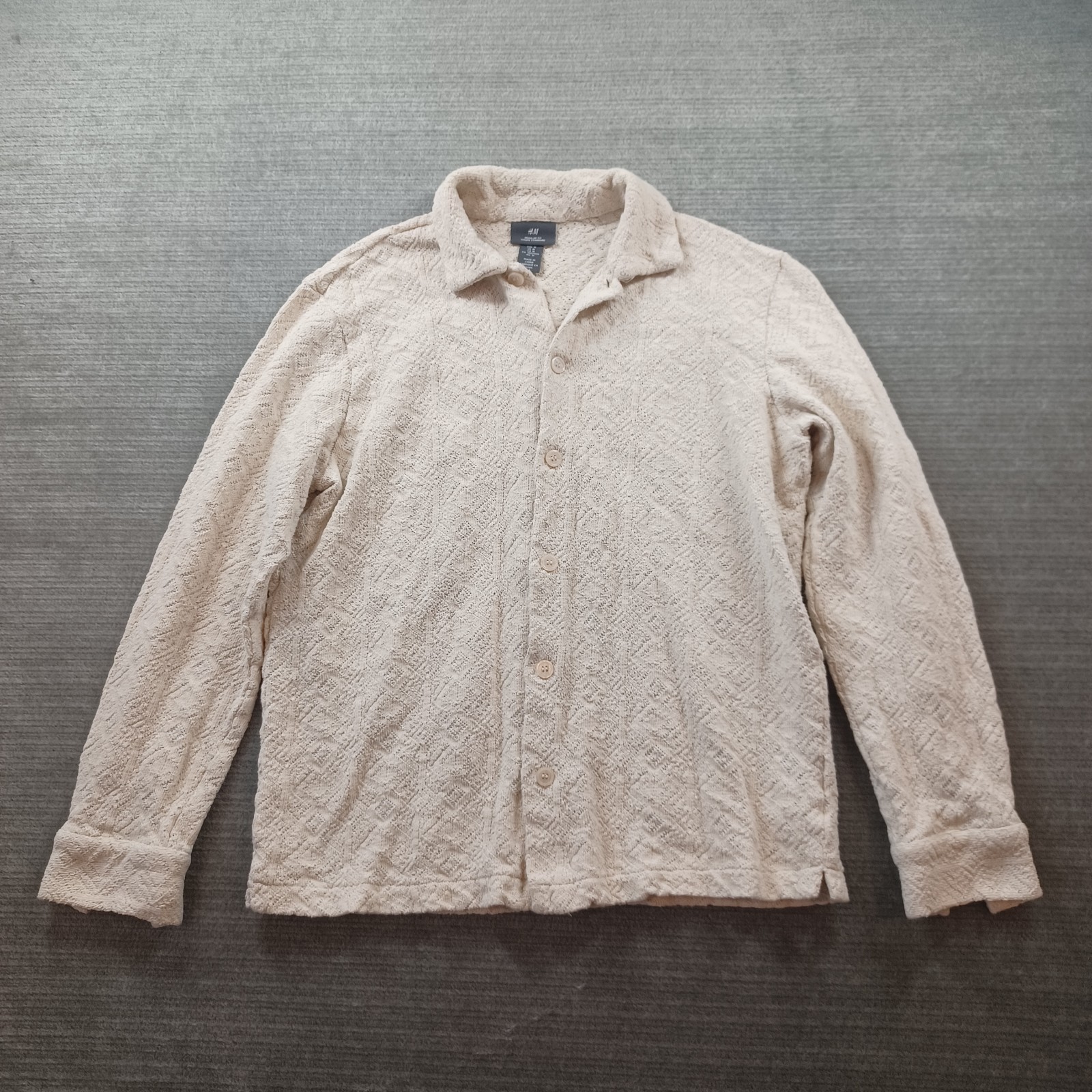H&M Knit Shirt Mens M Beige Crochet Button Up Regular Fit Midweight Resort Beach
