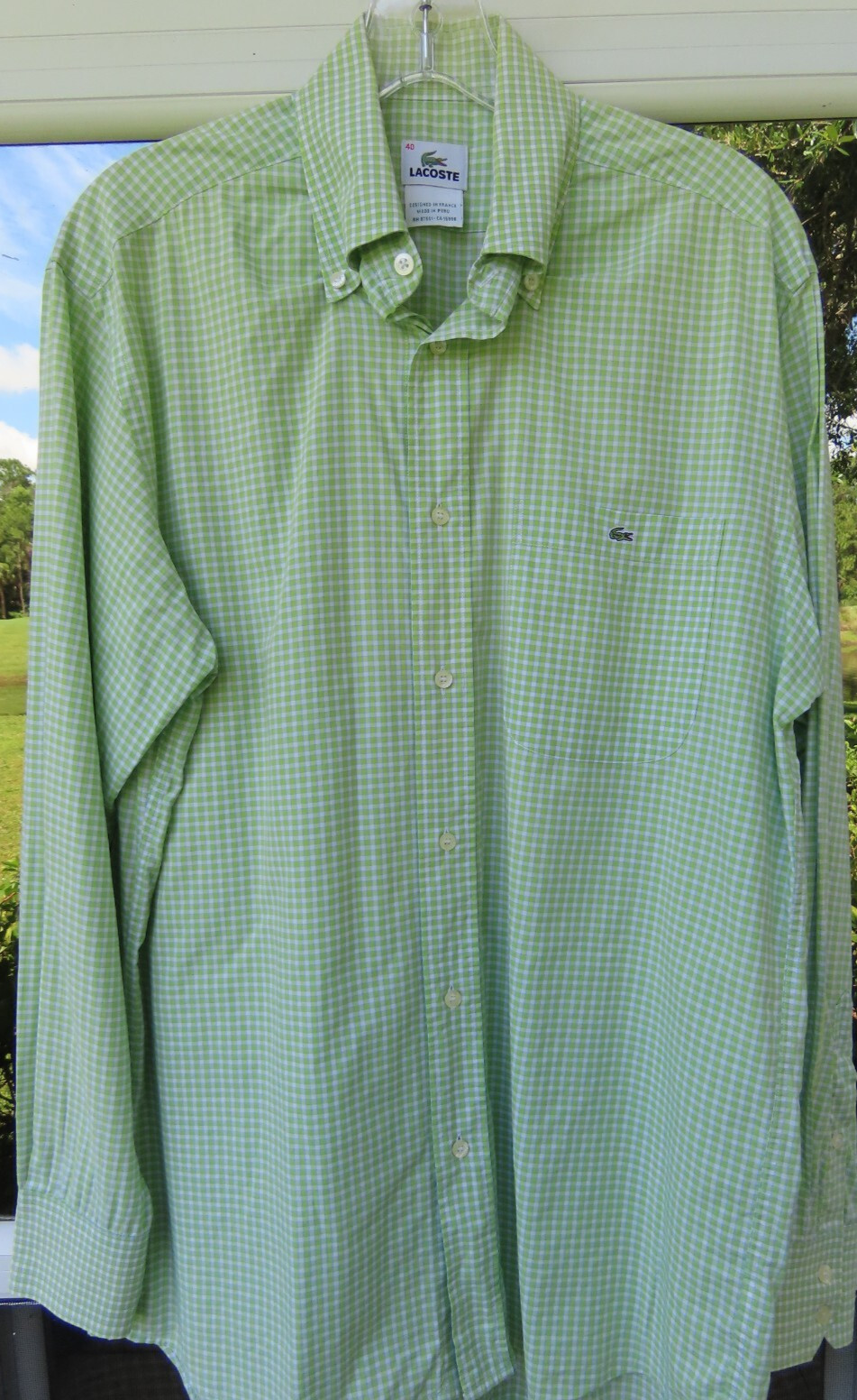 Lacoste Mens Pure Cotton Green White Mini-Checks Casual Shirt 40 Medium France