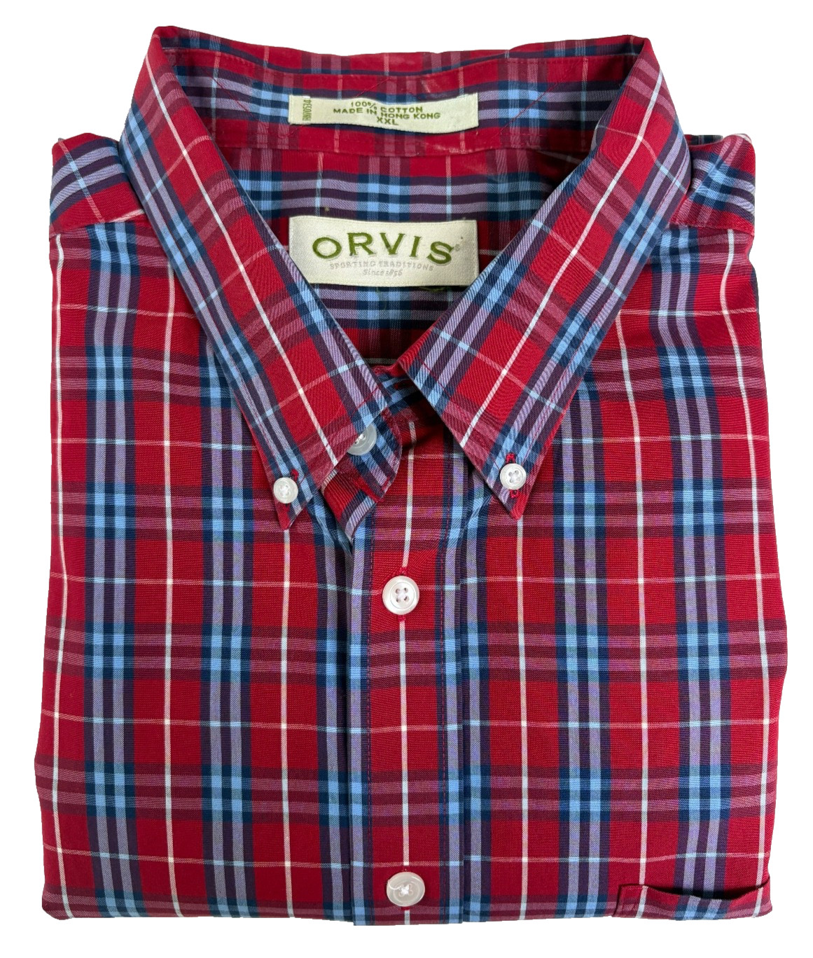 ORVIS Shirt Mens XXL Red Plaid Button Front 100% Cotton Pocket Long Sleeve Mint