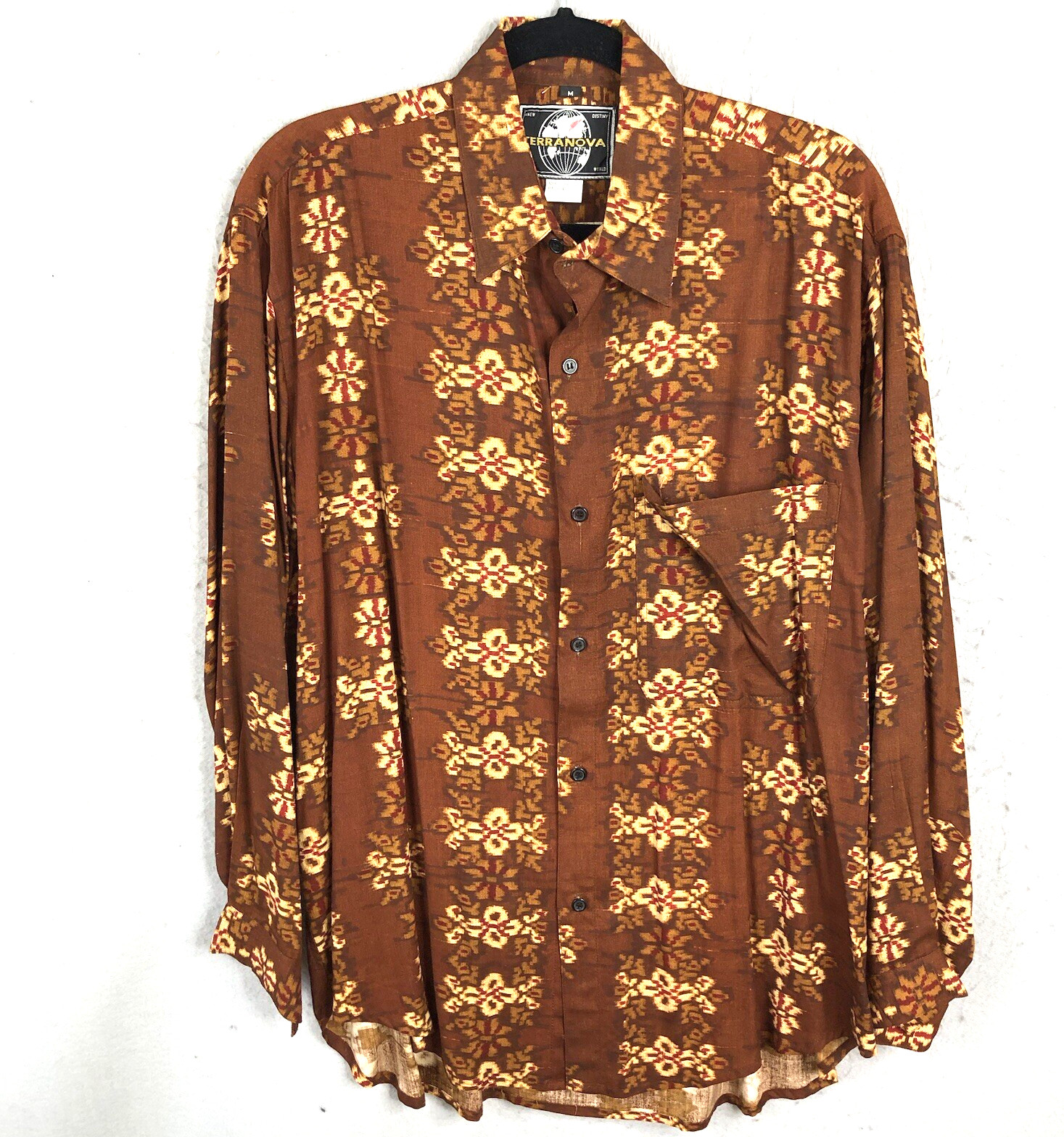 Vintage Terranova Shirt Mens Medium Brown Tan Ikat Aztec Southwestern Retro