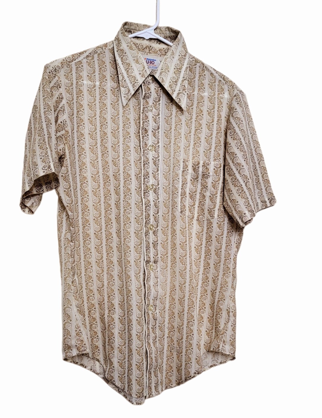 Vtg Manhattan U30 Striped Camp Shirt 70’s Perma Press Short Sleeve Floral Mens S