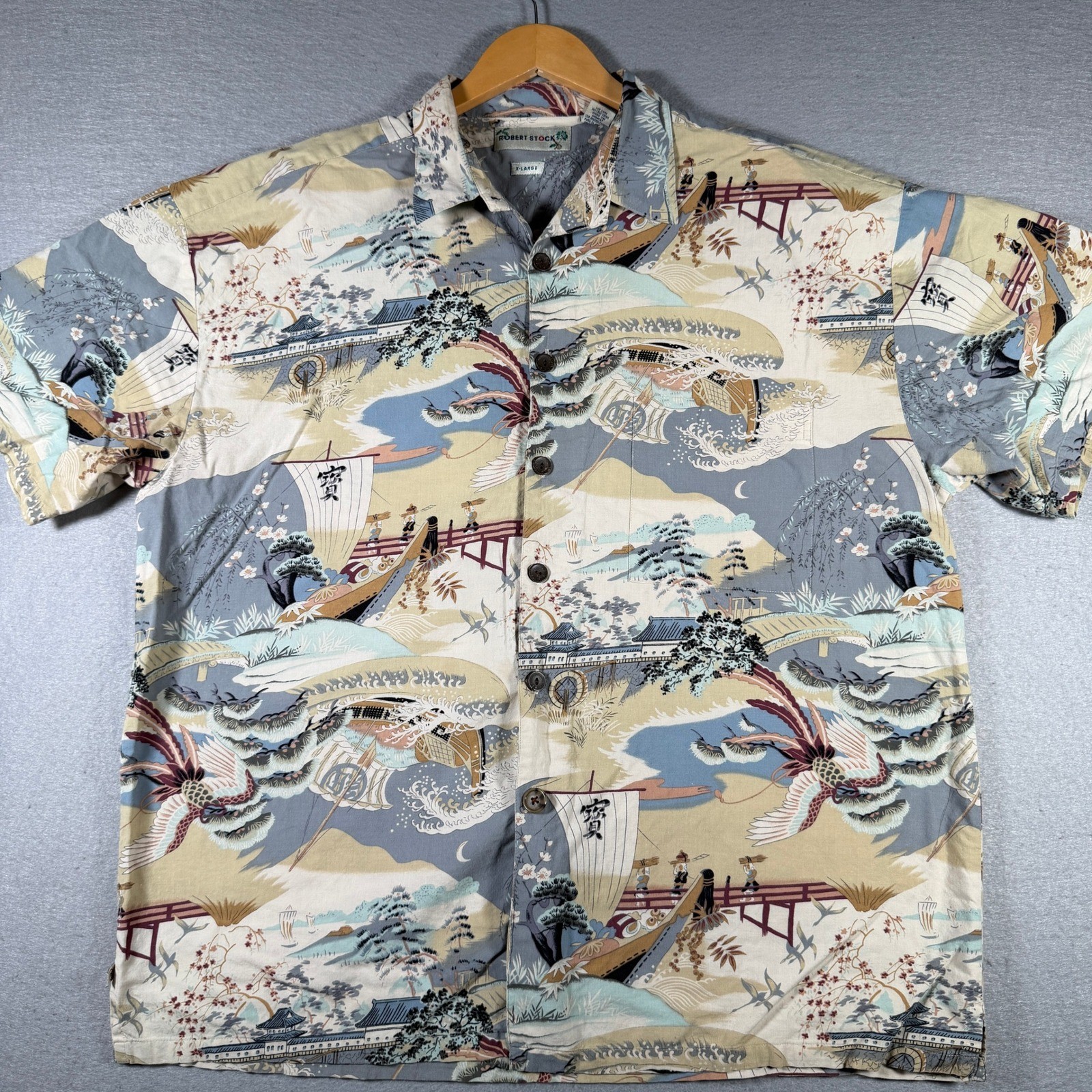 Robert Stock Mens XL Japanese Landscape Print Cotton Rayon Button Up Shirt Blue