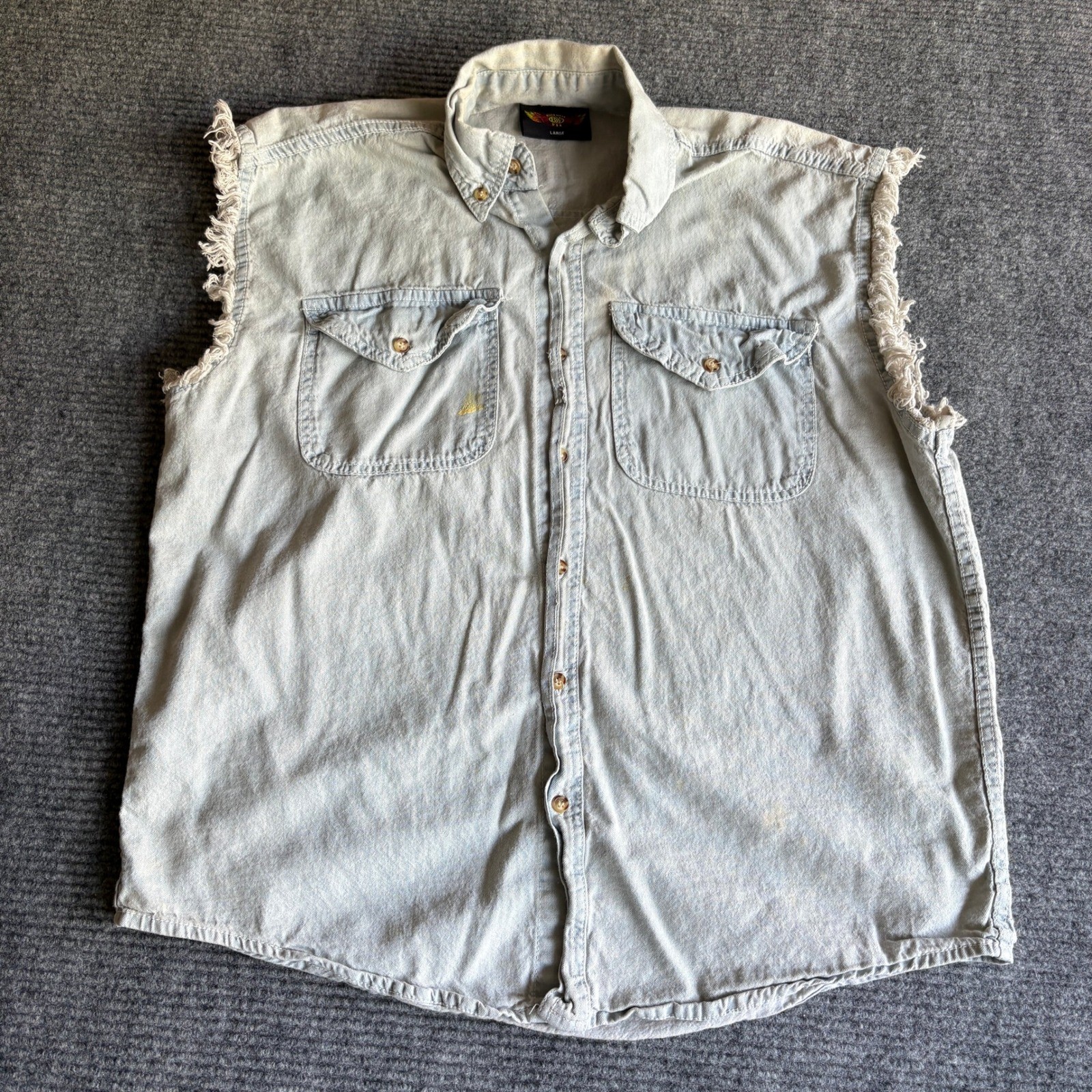 Biker Wear USA Mens Light Wash Denim Sleeveless Shirt Frayed Distressed Large