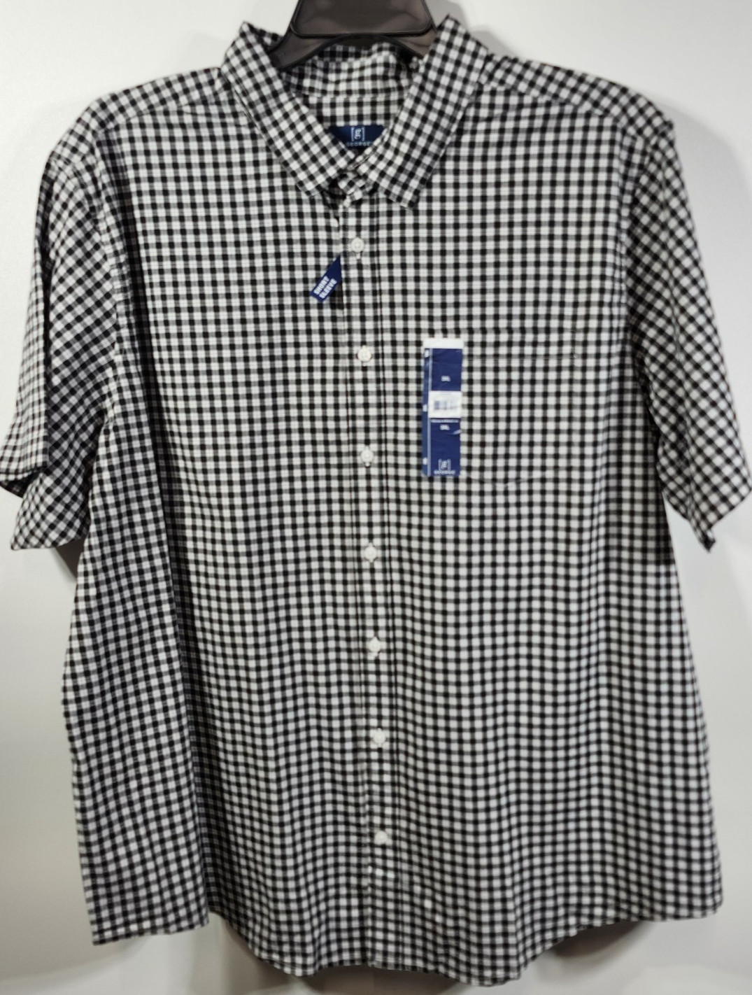 George Men’s 3XL Button Up Shirt Short Sleeve Poplin Black Gingham Check NEW
