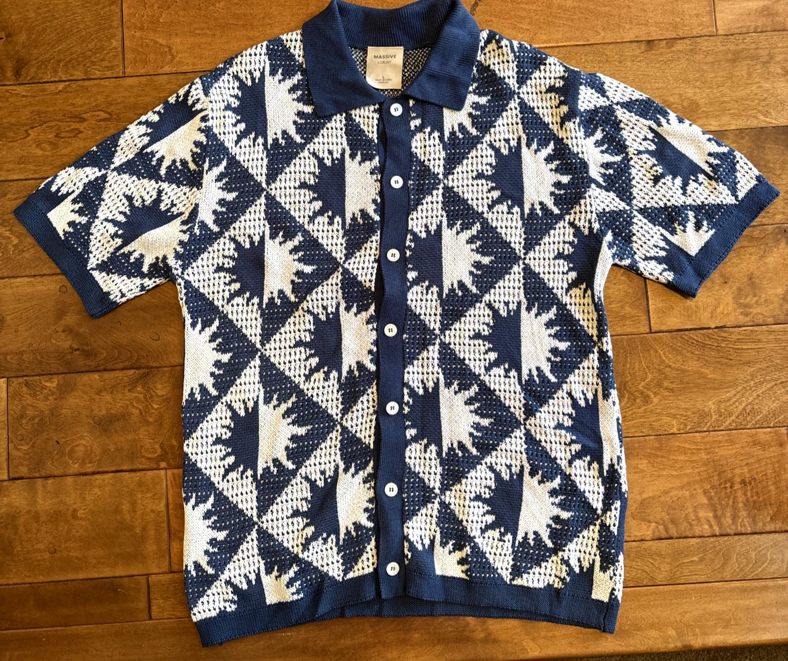 Massive Luxury Men Sweater Blue Crochet Knit Polo Shirt Button Sz L NWOT