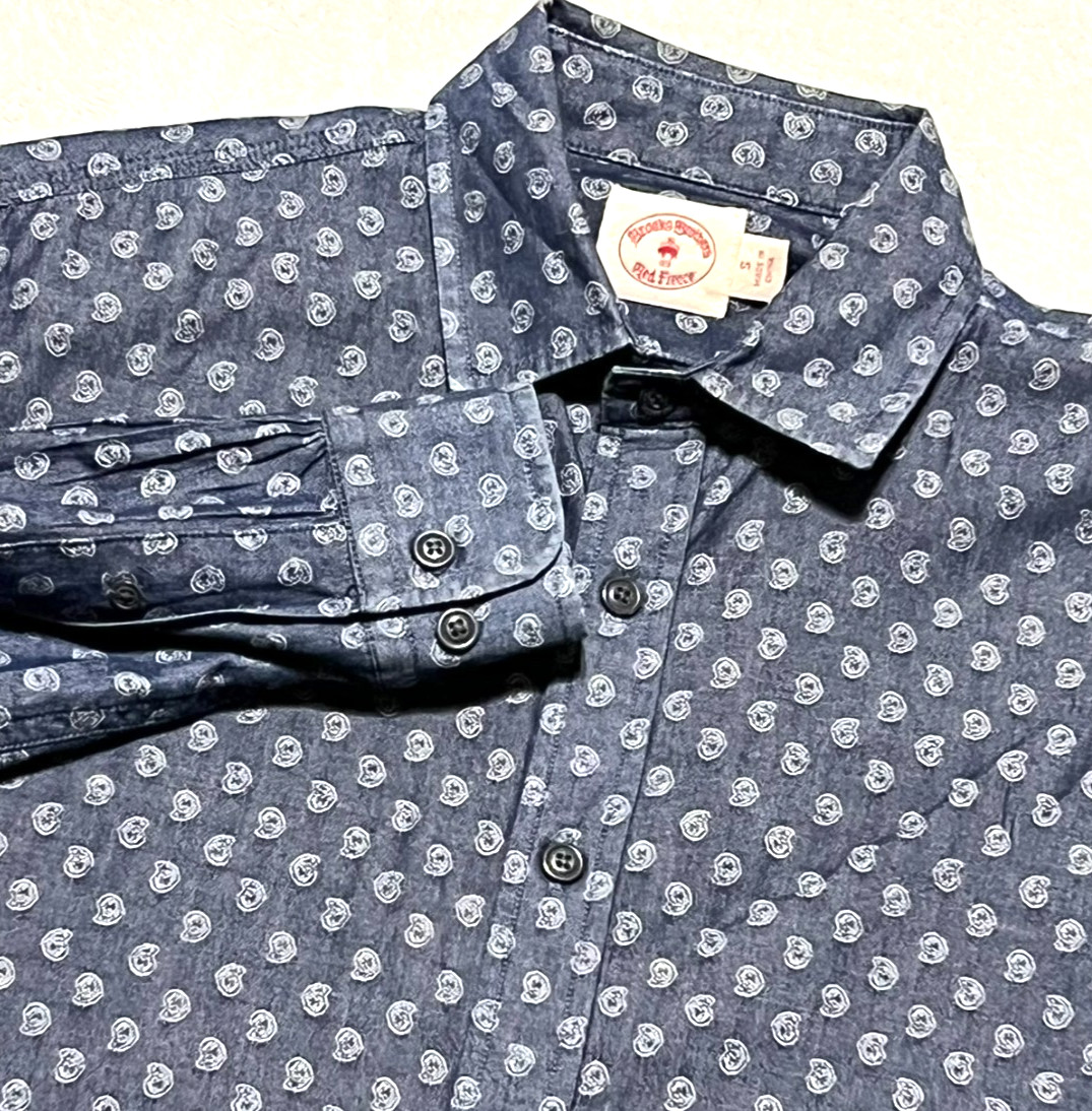 Brooks Brothers Mens Small Red Fleece Oxford Shirt Blue White All Over Print