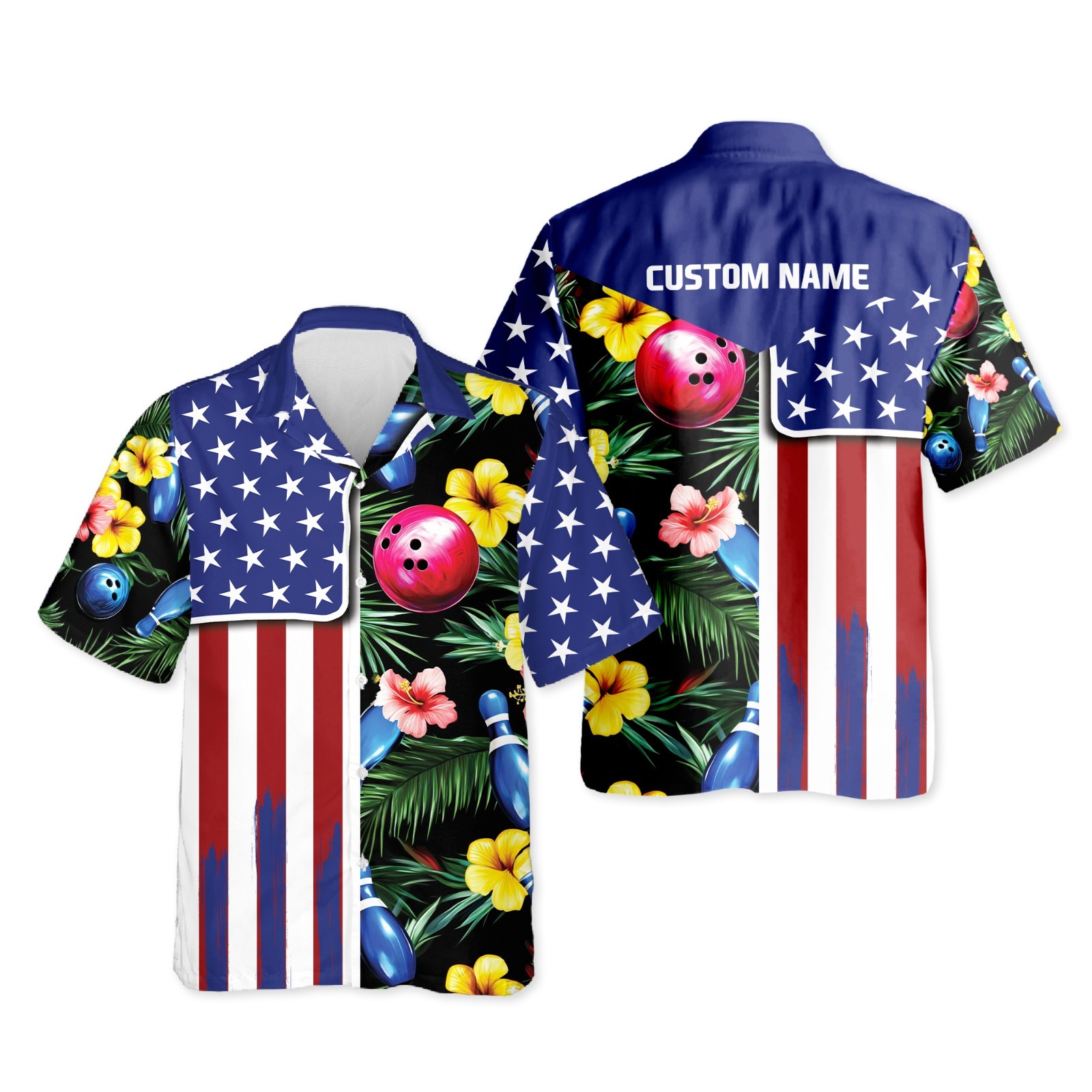 Personalized Bowling Hawaiian Shirt USA Flag Custom Name Aloha Gift