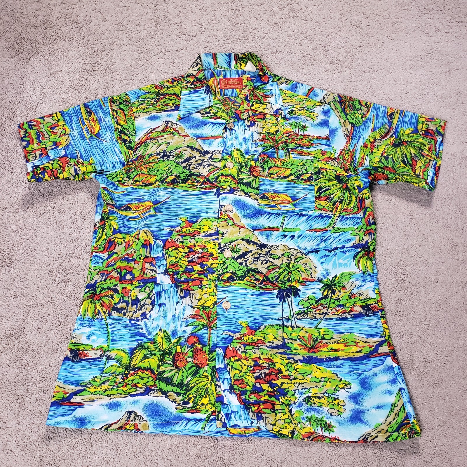 VTG 70s Sears Kings Road Shirt Mens L Blue Island Outrigger Hawaiian Aloha Camp
