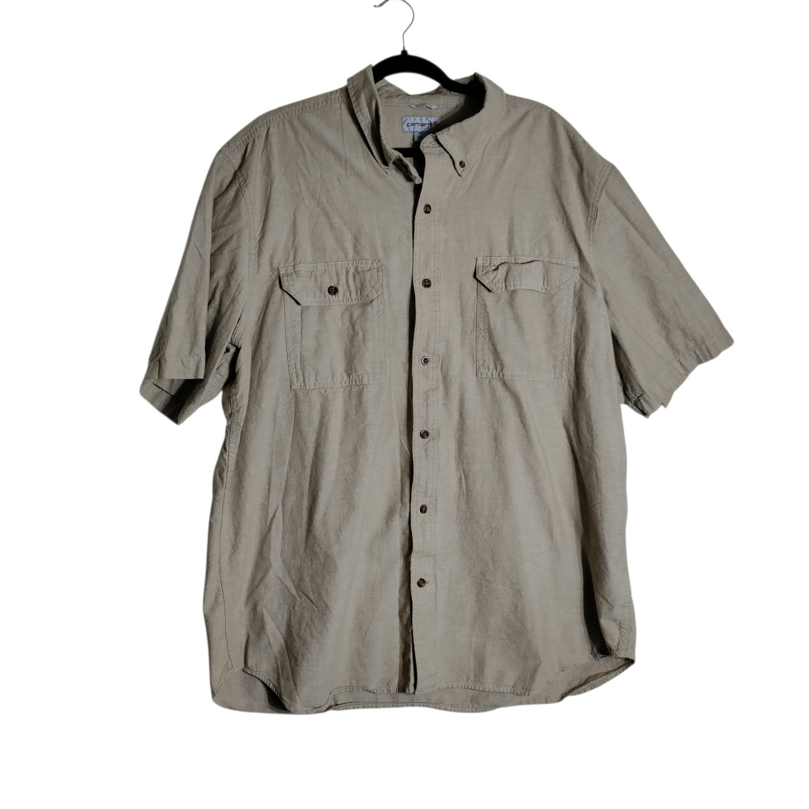 Carhartt Mens 2XL Relaxed Fit Short Sleeve Button Down Shirt Khaki Tan S200 256