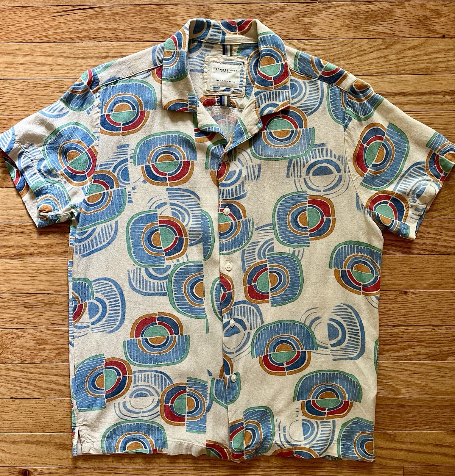 Denim & Flower Ricky Singh Mens M Viscose Geometric Multi-Color SS Button-Up
