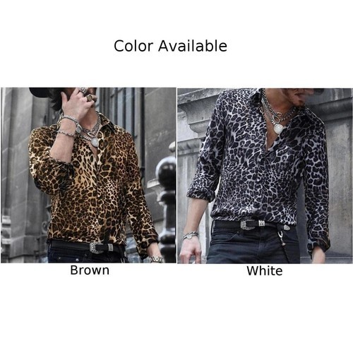 Fashion Mens Leopard Print Lapel Casual Loose Button Slim Long-Sleeve Tops Shirt