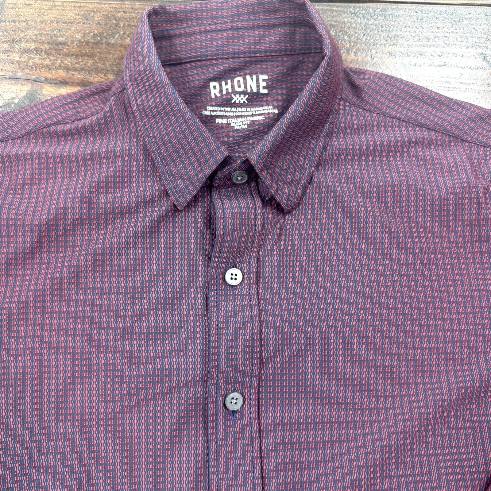 Rhone Commuter Shirt Mens M Burgundy Geometric Slim Fit Fine Italian Knit Fabric