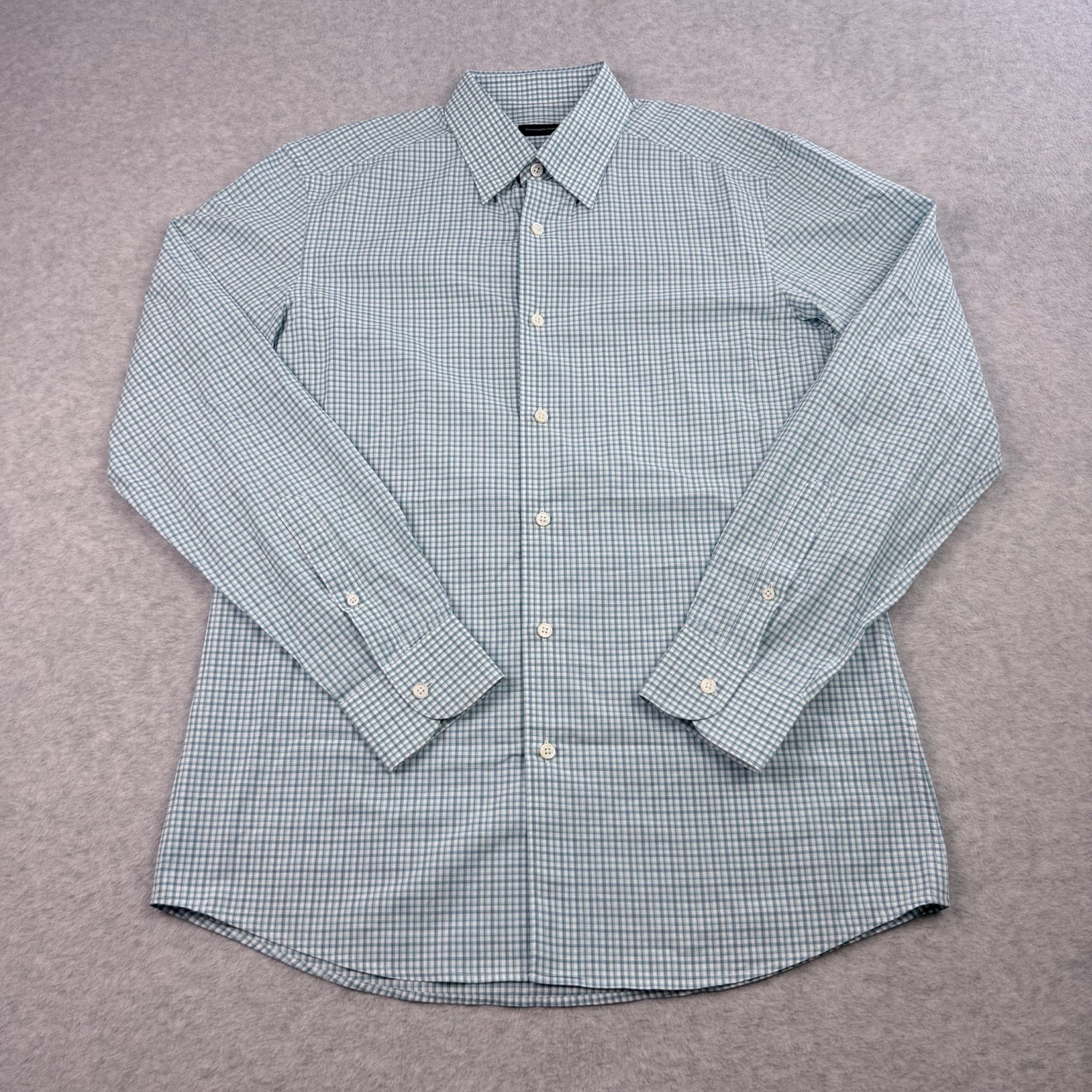 Ermenegildo Zegna Shirt Mens Medium Blue Check Cotton Long Sleeve Button Up