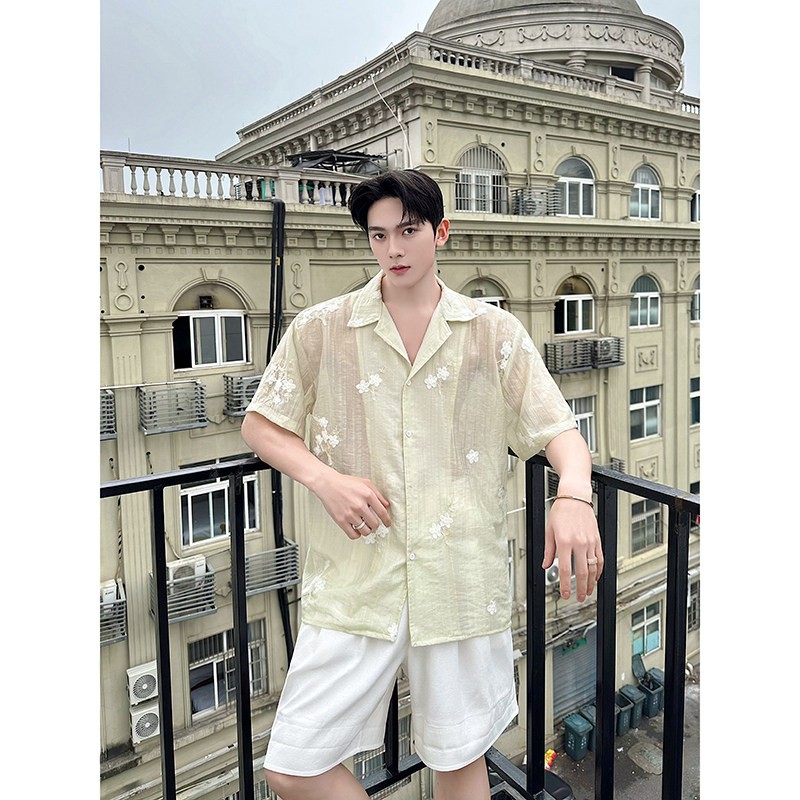 Men’s Lapel embroidery Floral Short Sleeve Summer Loose Perspective Shirt Tops