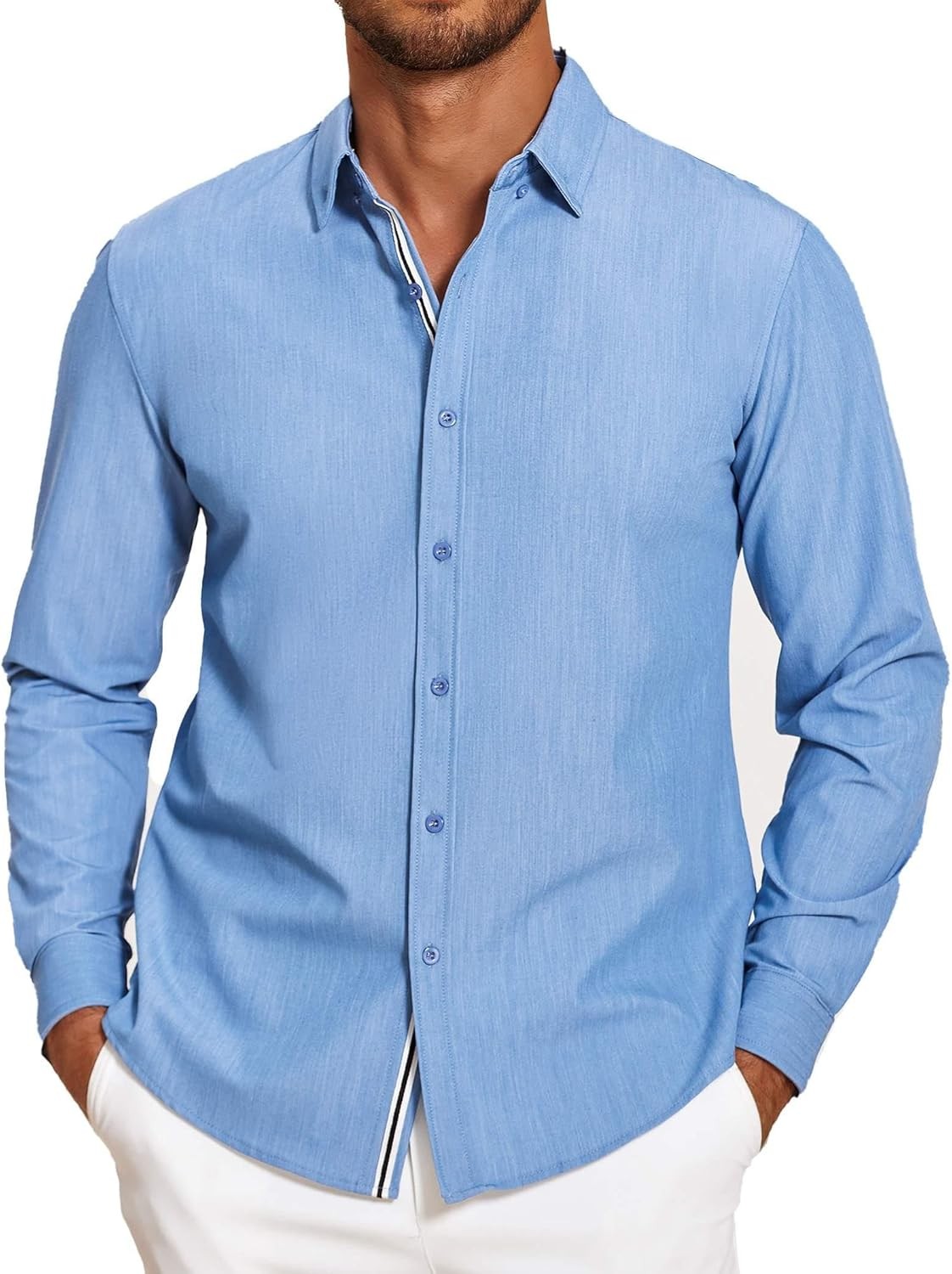 Mens Casual Button Down Shirt Untucked Long Sleeve Stretch Rayon Blend Denim